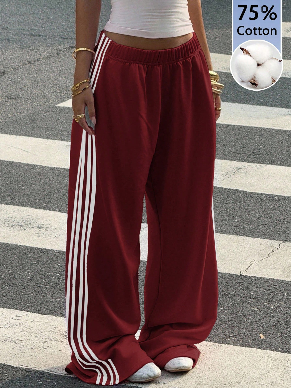 Muchica Wine Red Cotton Knit Wide Leg Casual Sweatpants For Women