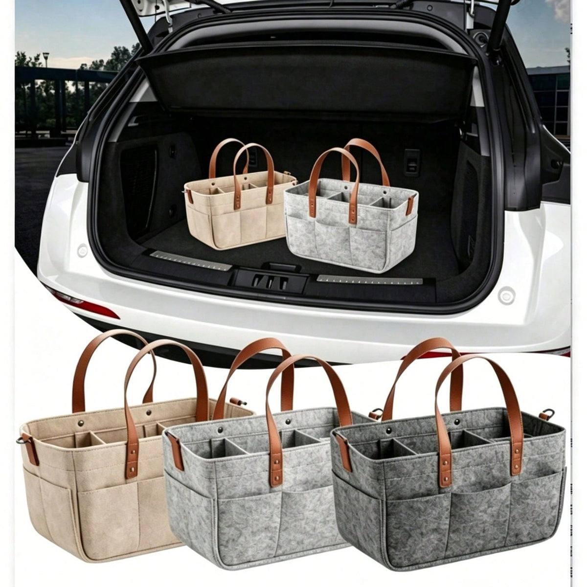 Multifunctional Felt Car Trunk Organizer Bag, Fiber Material, Durable With Handle, Dustproof And Moisture-Proof, Practical Car Accessory