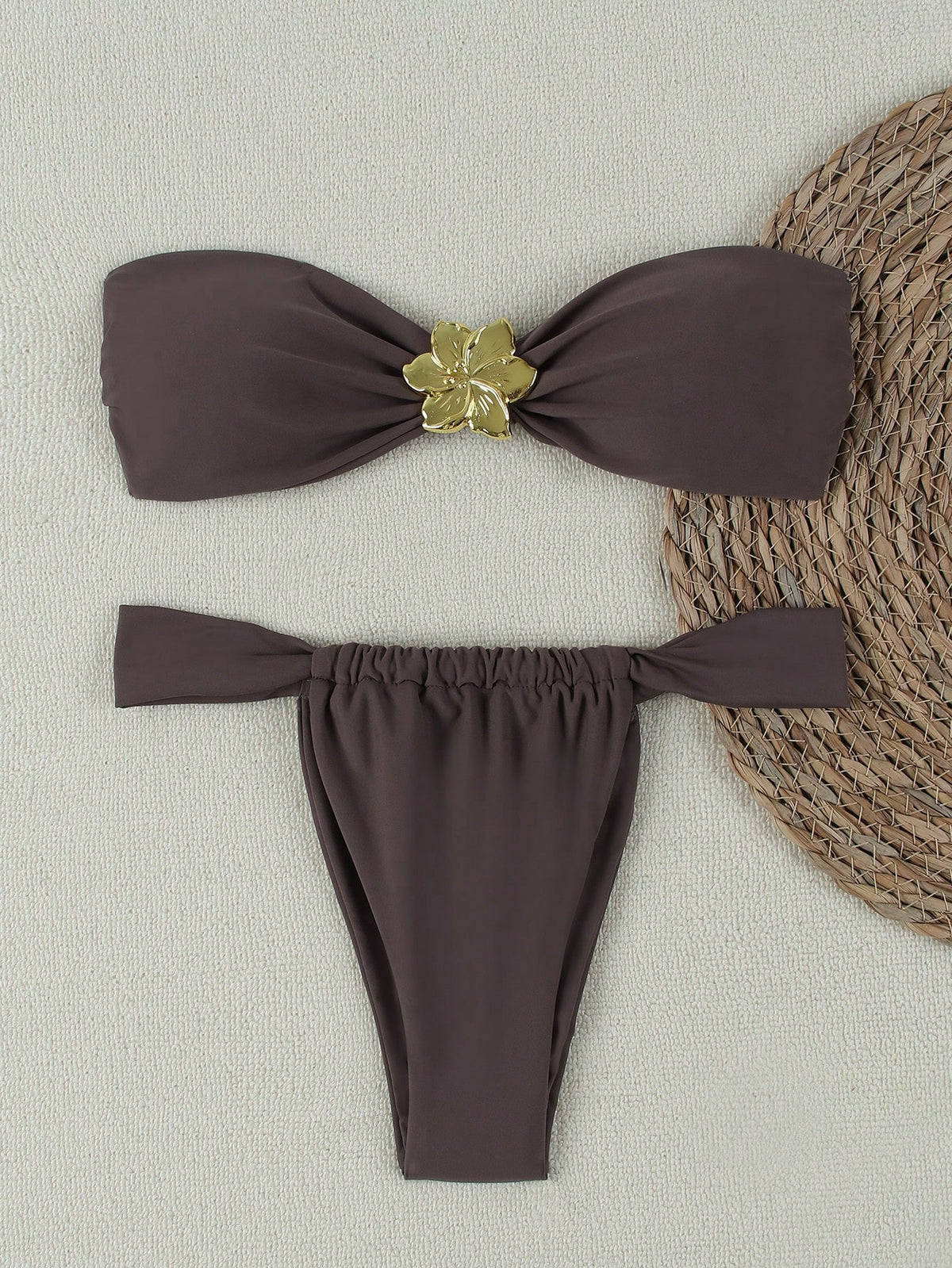 New Pure White Bandeau Bikini Set, Elegant Sexy Swimwear Suitable For Beach Vacation, Party And Date Summer Brown