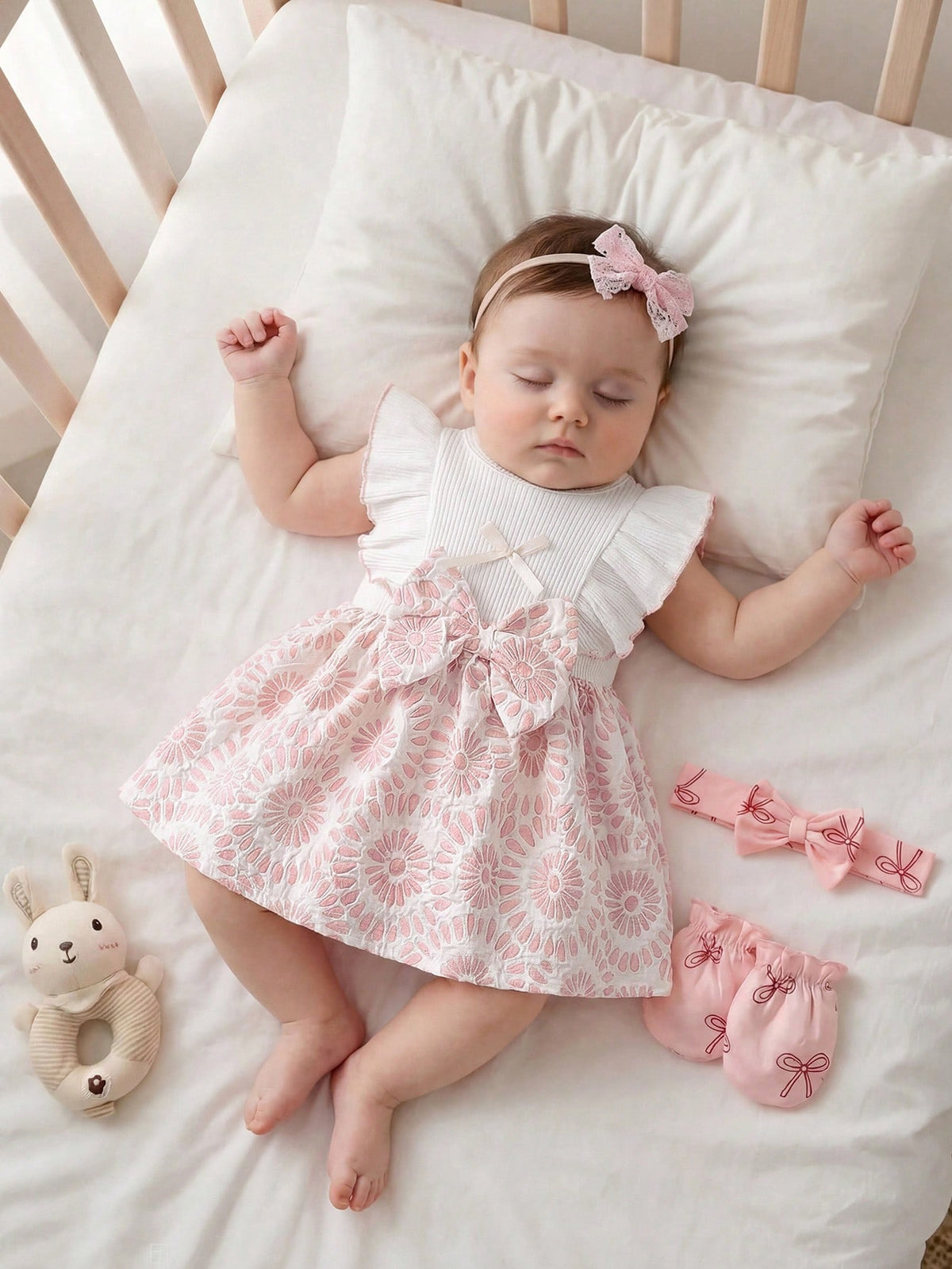 Newborn Baby Girl White Sleeveless Lace Collar Patchwork Pink Bow Dress New Elegant Retro Cute Fabric Comfortable