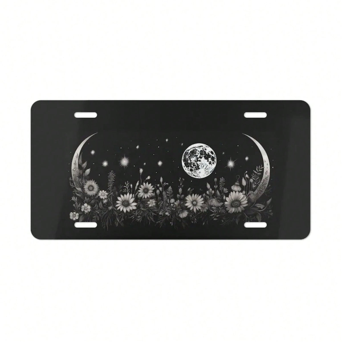 ON, Moon And Flower License Plate, Vanity Plate, Black, Floral Design, Crescent Moon, Full Moon, Front Of Car