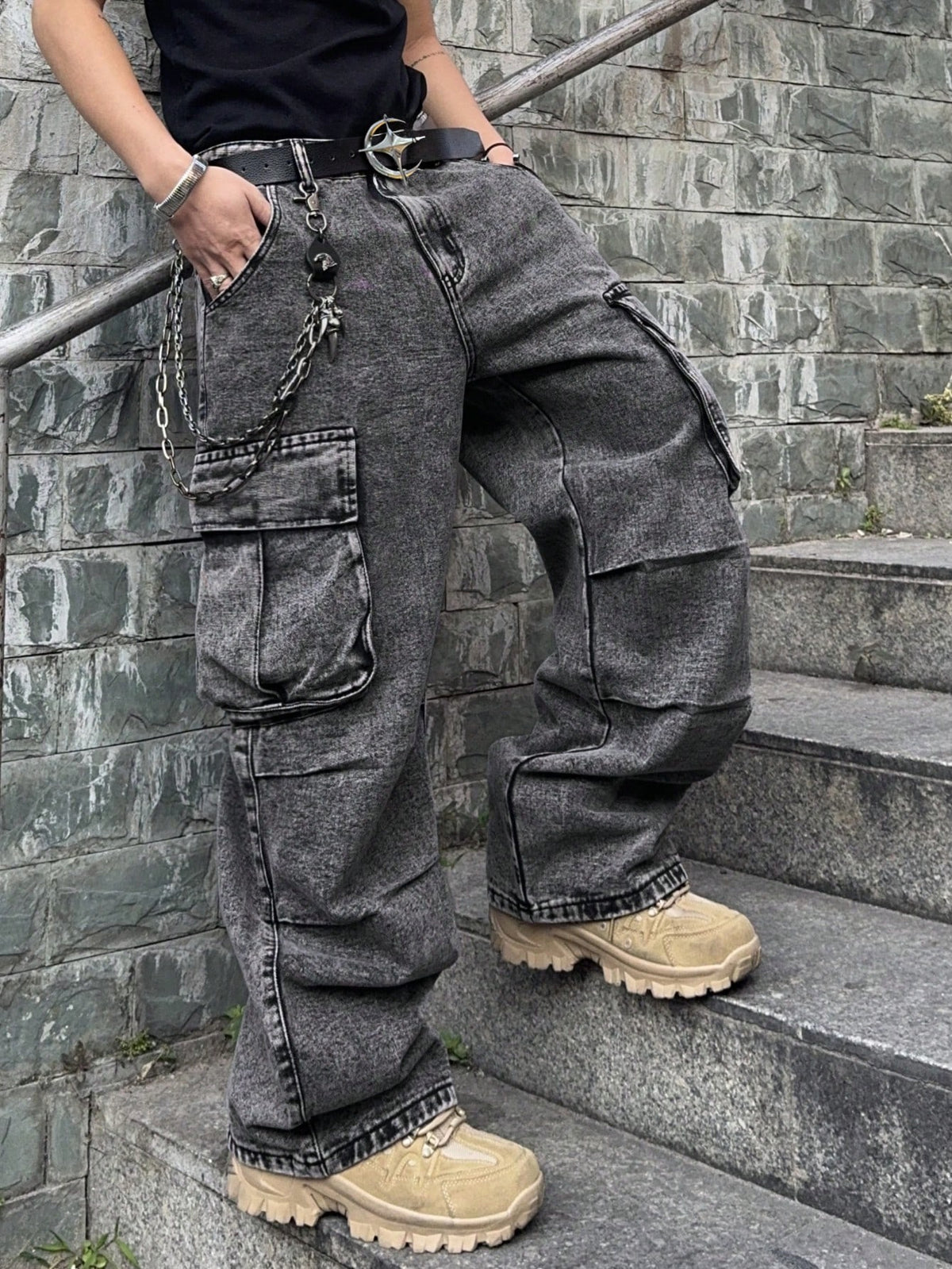 PAVTROS Manfinity Streetrush Plus Size Men's Loose Fit Casual Denim Jeans,Gray Summer Streetwear Evening Oversized Wide Leg Cargo Pants With Pockets Cowboy