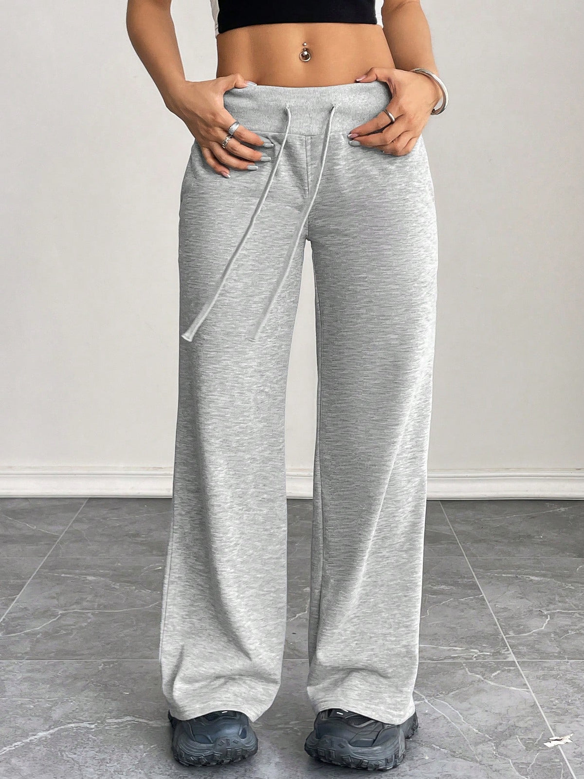 PETITE Comfortable And Casual Plain Knitted Low-Rise Wide-Leg Women's Sweatpants Baggy,Petite Women