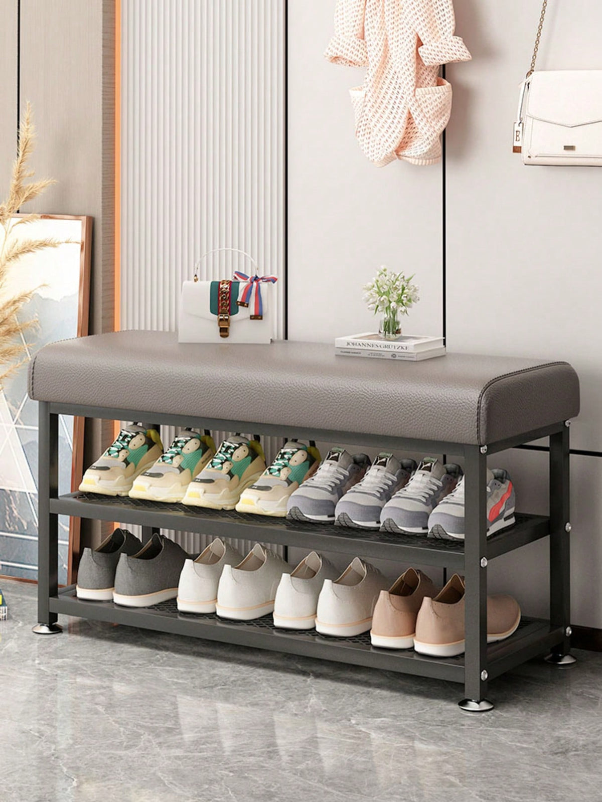 PQSQRJU Storage Bench, Shoe Changing Stool With Metal Frame, Cushioned Seat Shoe Bench, Multi-Compartment Organizer Rack For Bedroom, Hallway Entrance