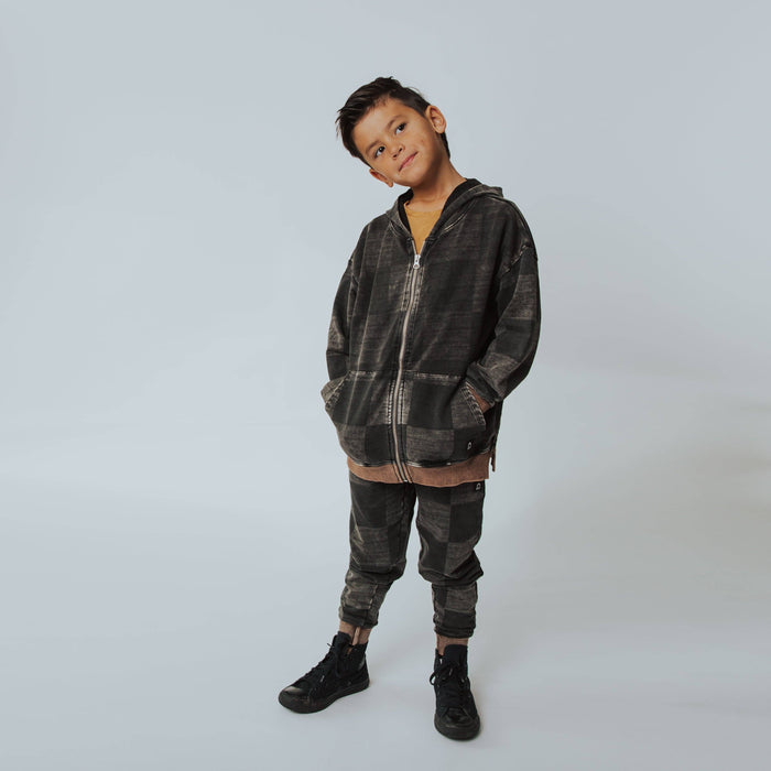 RAGS - Zip Up Hoodie - Washed Black Denim Check