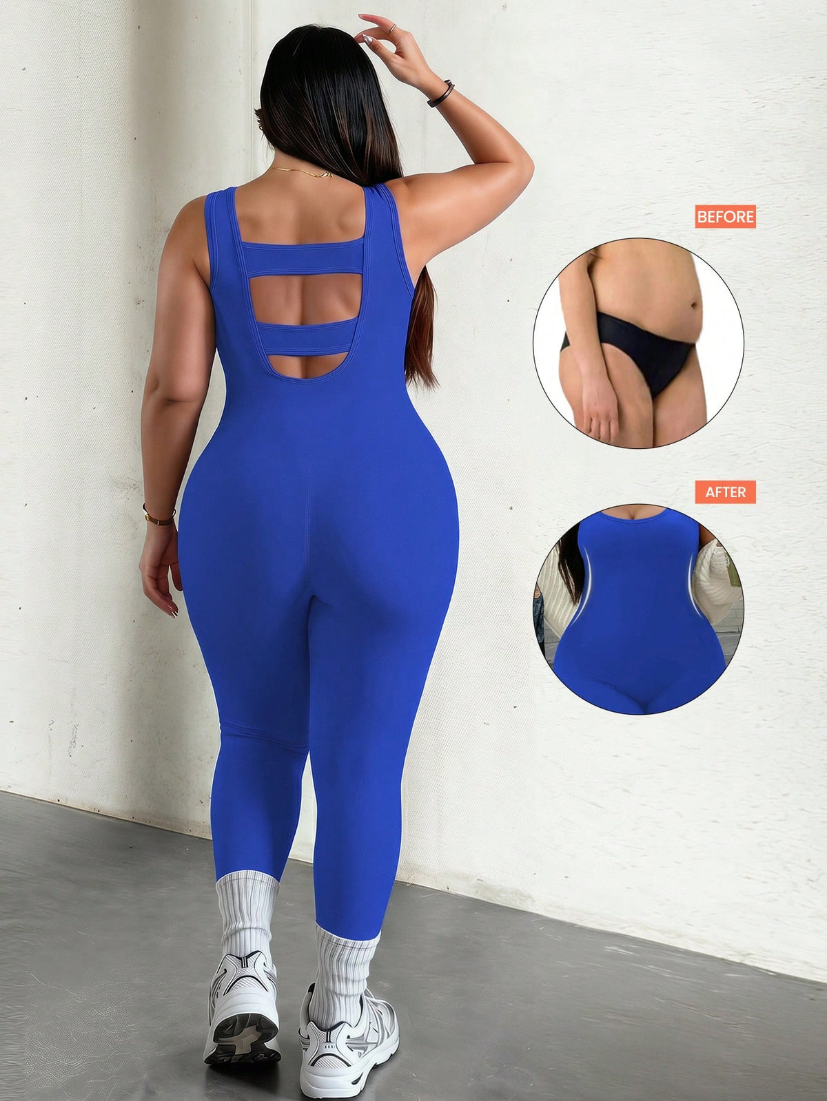 Rhythm Era 1pc Plus Size Black Fashion Backless Jumpsuit, Comfortable Elastic Seamless Knit Yoga Fitness Workout