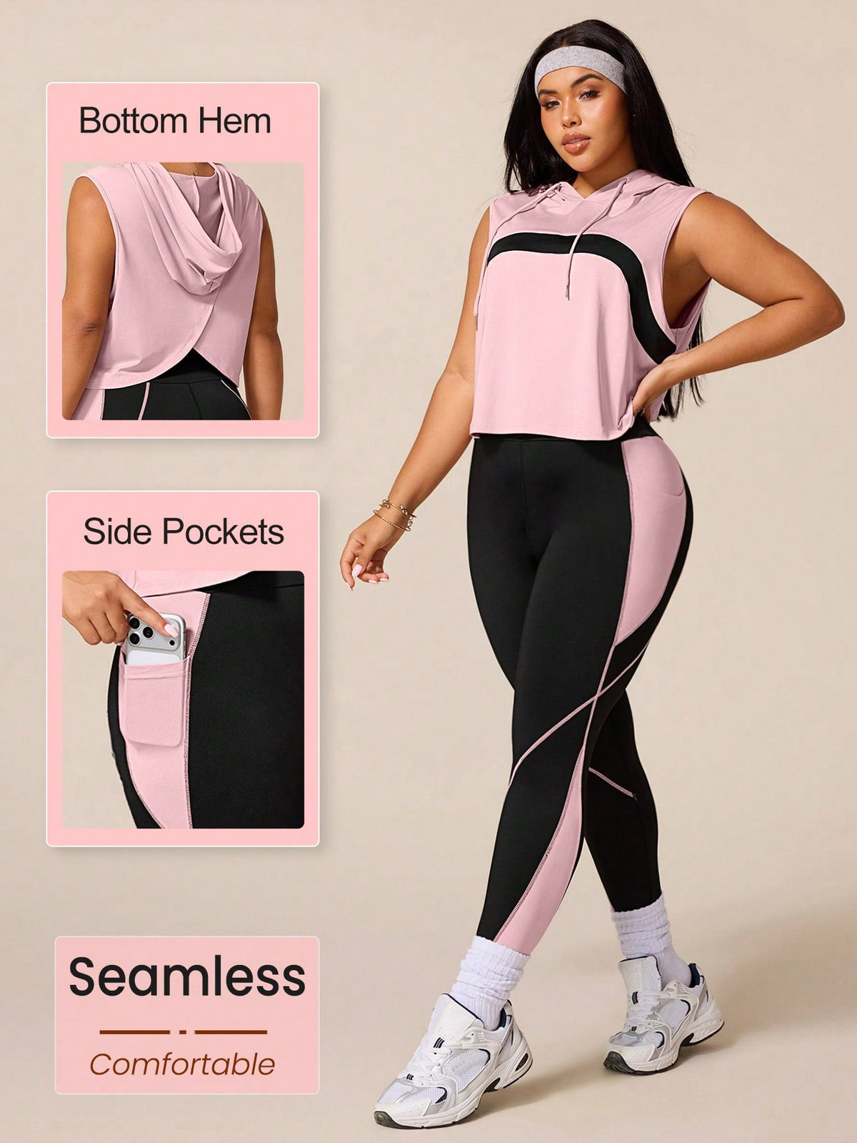 Rhythm Era Women's Black Summer Athletic Midsize Gym Plus Size Workout Sets,Drawstring Hooded Sleeveless Sweatshirt&Tight Contrast Color Leggings Active Wear