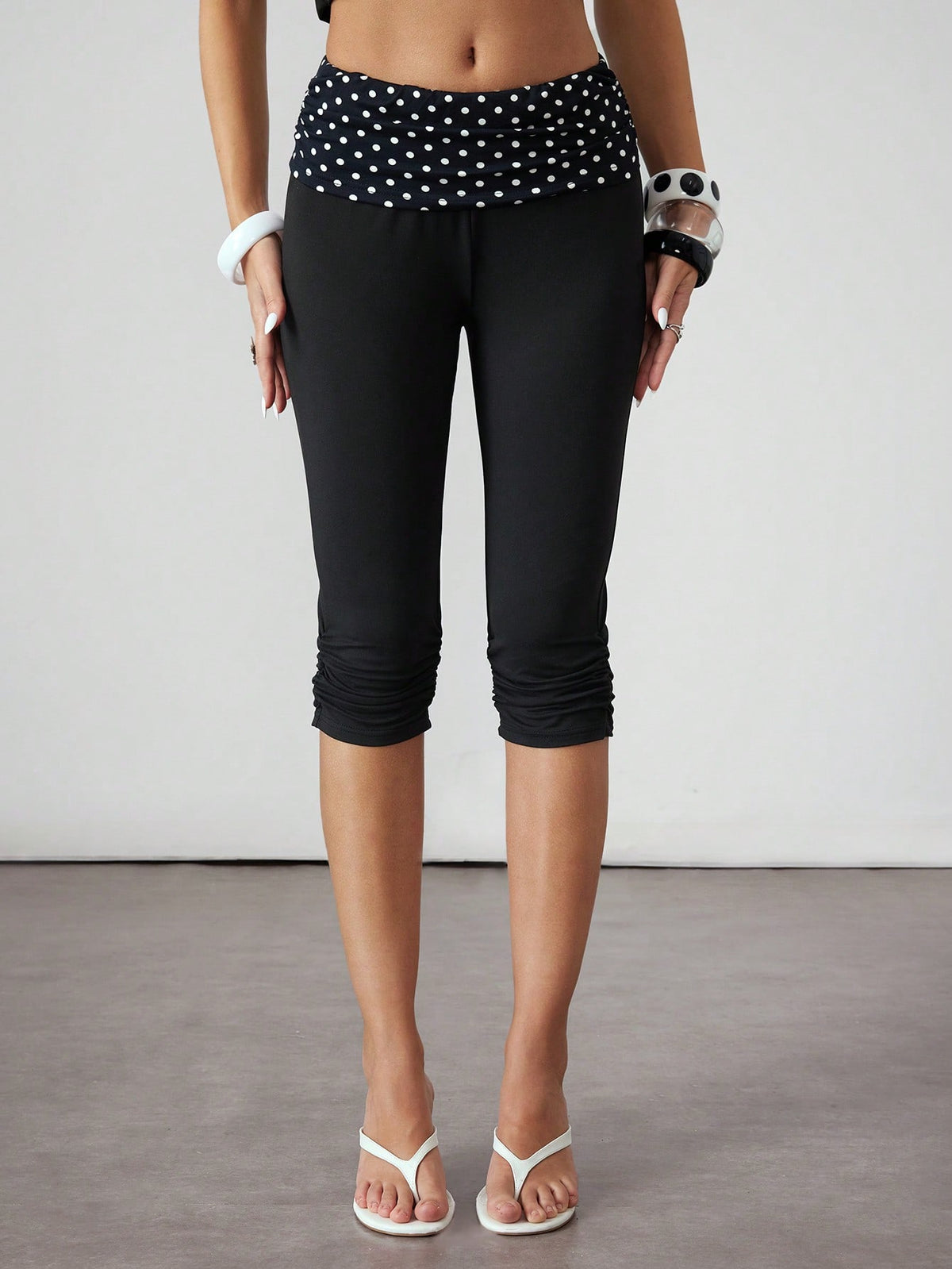 ROMWE Avant Spring/Summer Millennium Sicilian Holiday Vintage Polka Dot Patchwork Ruched Skinny Women 3/4 Pants