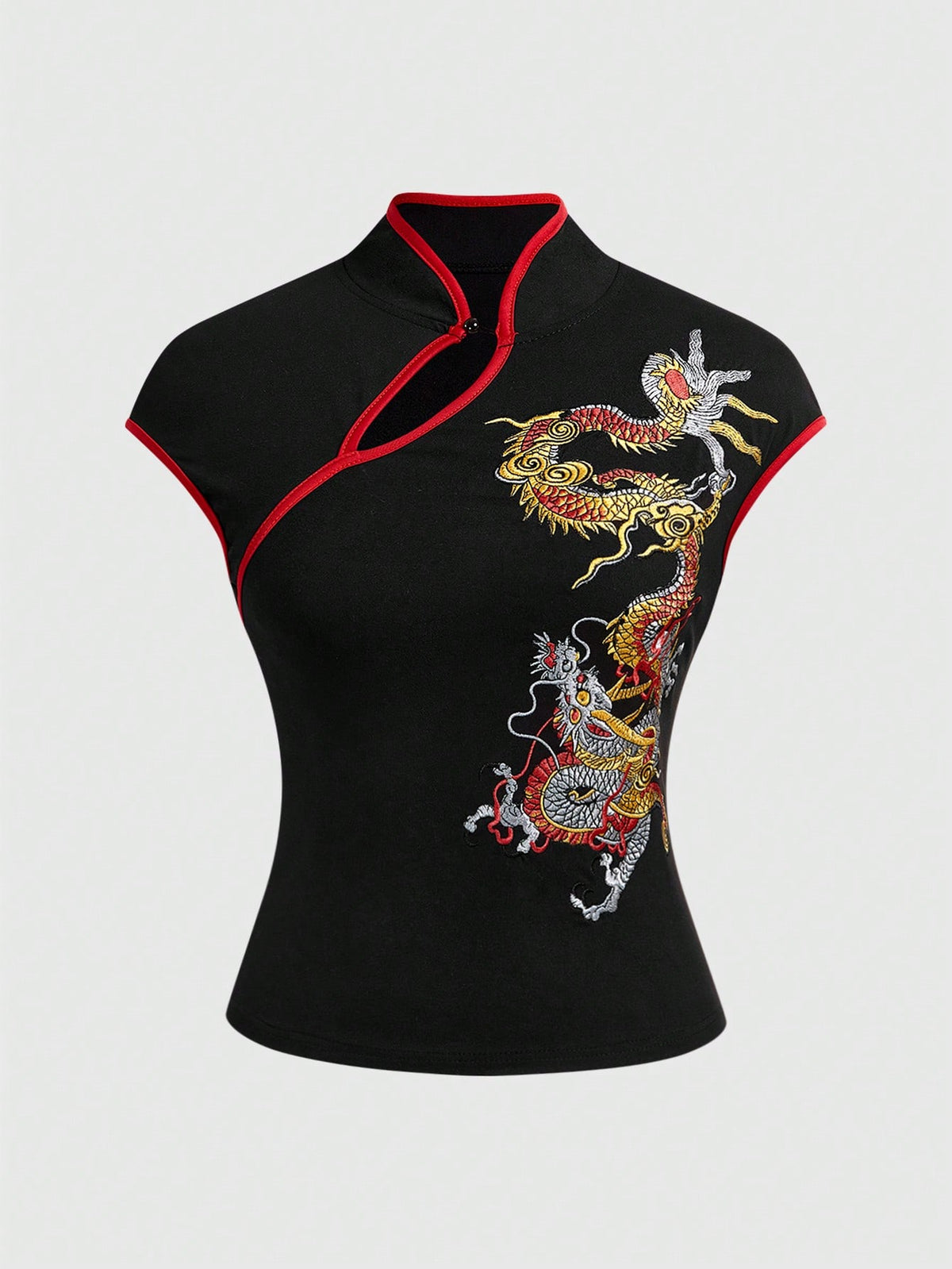 ROMWE Avant Spring/SummergraphicWomen's New Chinese Style Dragon Embroidery Chinese Painting Embroidery Pattern Improved Cheongsam Top