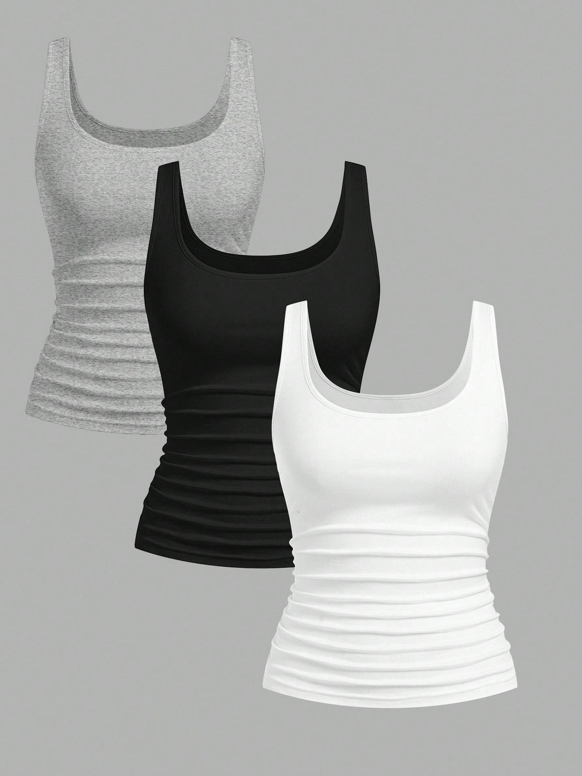 Slaydiva 3pcs Women Casual Scoop Neck Ruched Waist Bodycon Tank Top Set, Versatile For Daily Wear