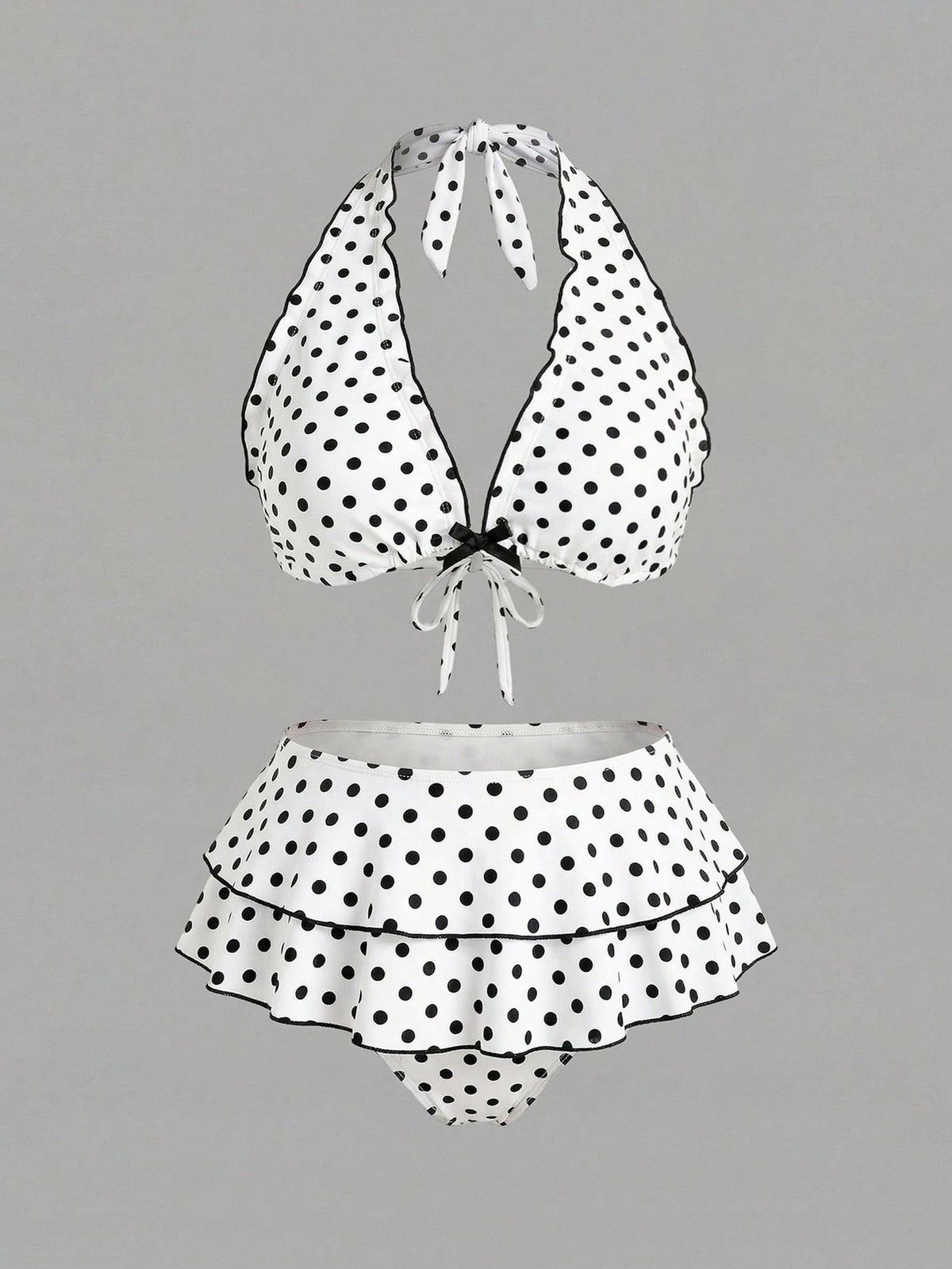 Sweetra CURVE Plus Size Women 2pcs Black Polka Dot Print Halter Tie Sexy Beach Vacation Bikini Swimsuit