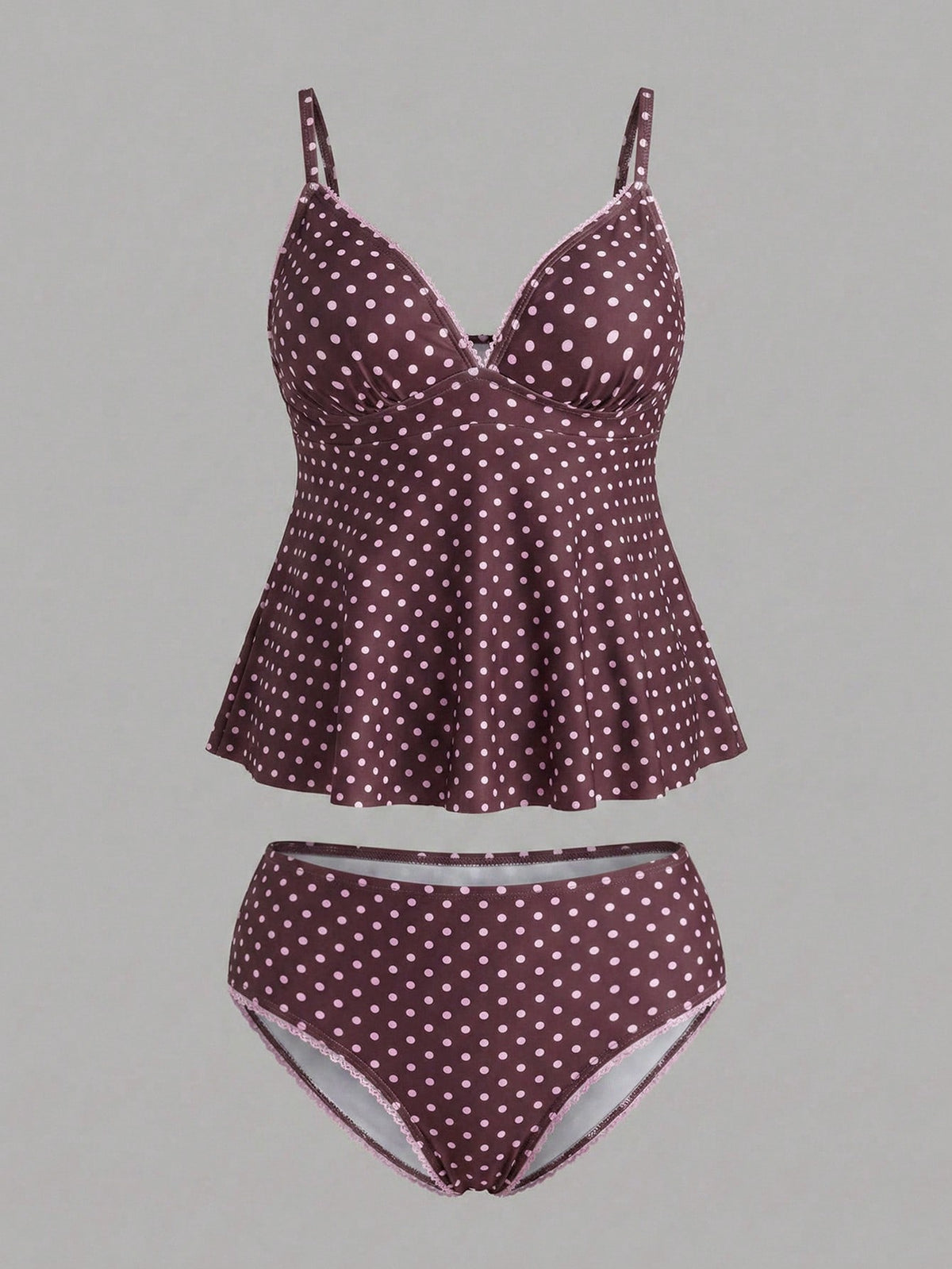 Sweetra CURVE Plus Size Women's Polka Dot Print Deep V-Neck Ruffle Top Paired With Regular Trousers, Flattering Silhouette Beach Atmosphere Women's Swimwear Set