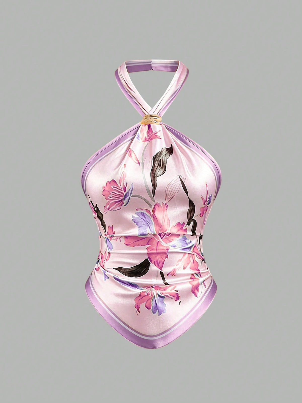 Sweetra Spring/Summer Fashion New French Vintage Satin Printed Spaghetti Strap Camisole With Metal Buckle Decor, Asymmetrical Hem, Backless Tie-Up Yellow Blouse For Women