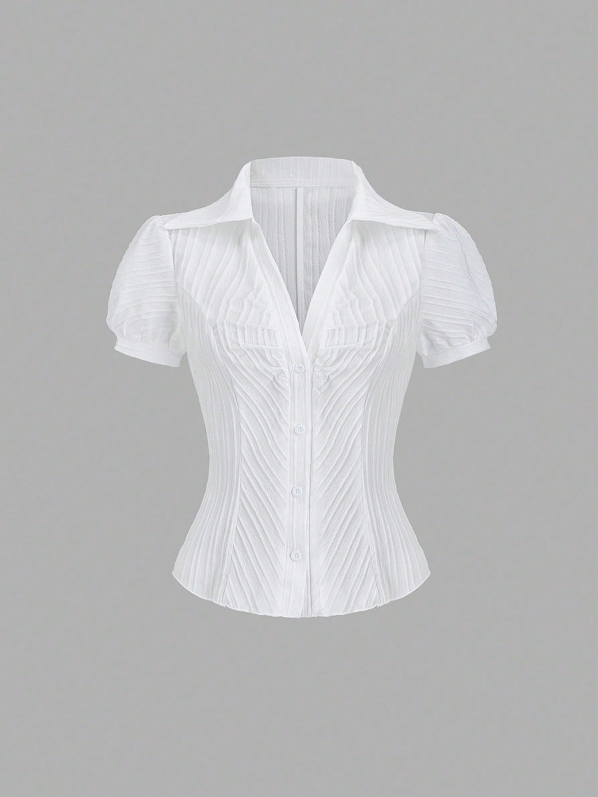 Sweetra Women's Elegant V-Neck Single-Breasted White Striped Short Sleeve Blouse, Spring/Summer
