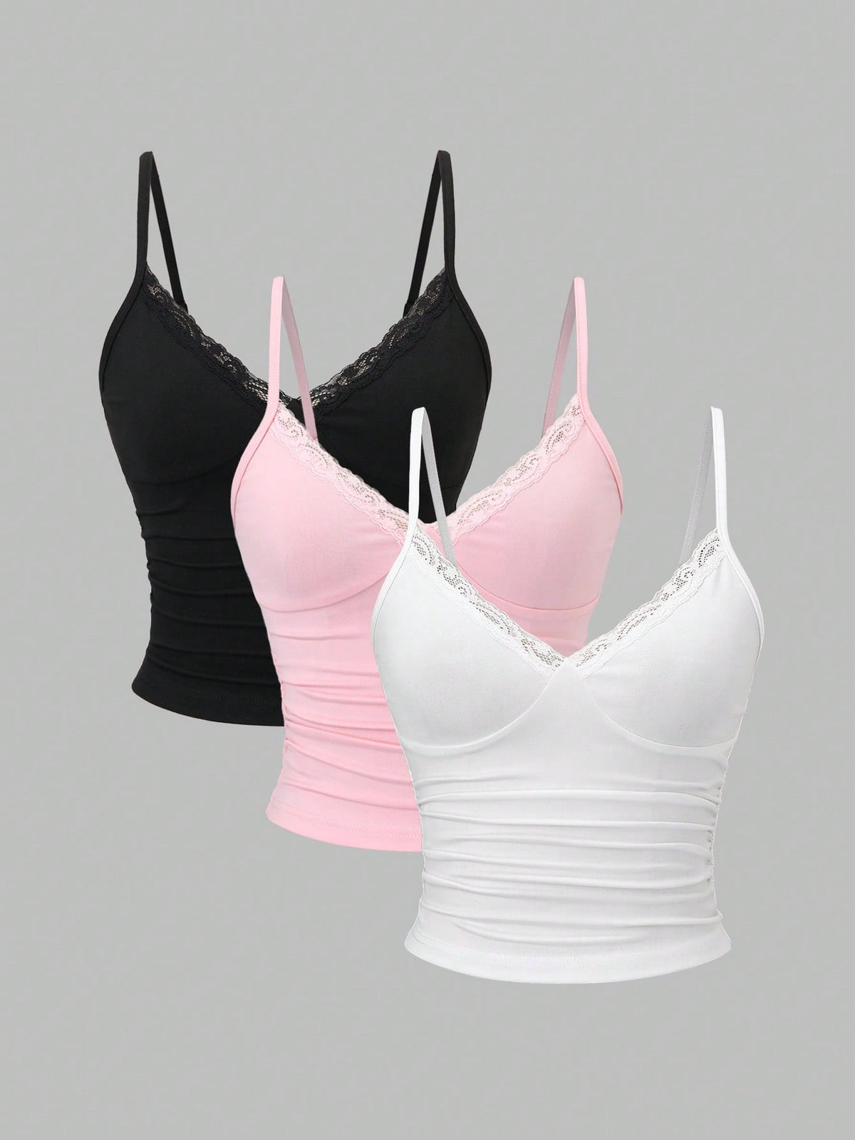 Sweetra Y2K Sexy Lace Trim Ruched Camisole Set, Multiple Pcs