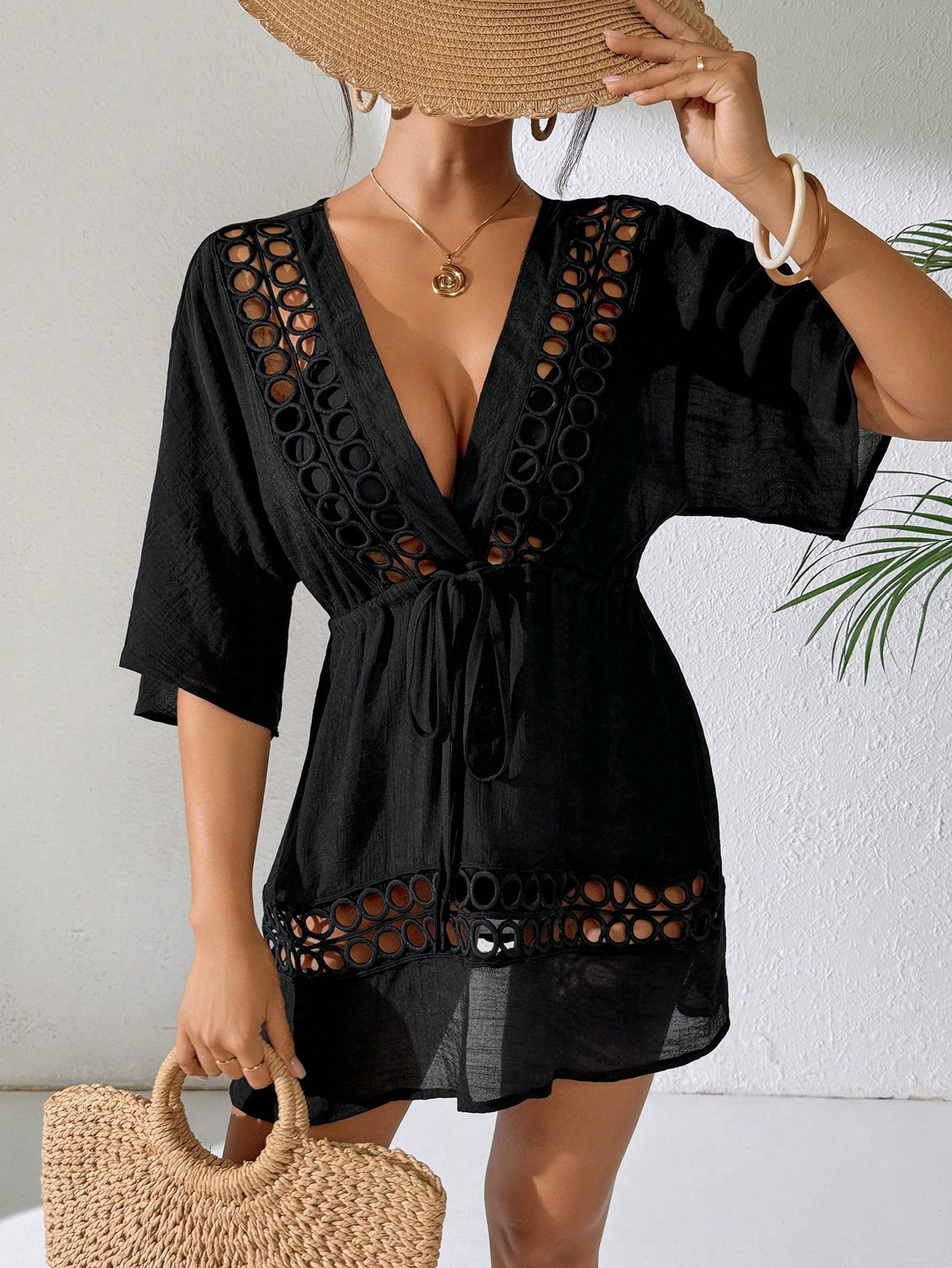 Swim Lushoire Women's Black Deep V-Neck Casual Cover Up For Spring & Summer