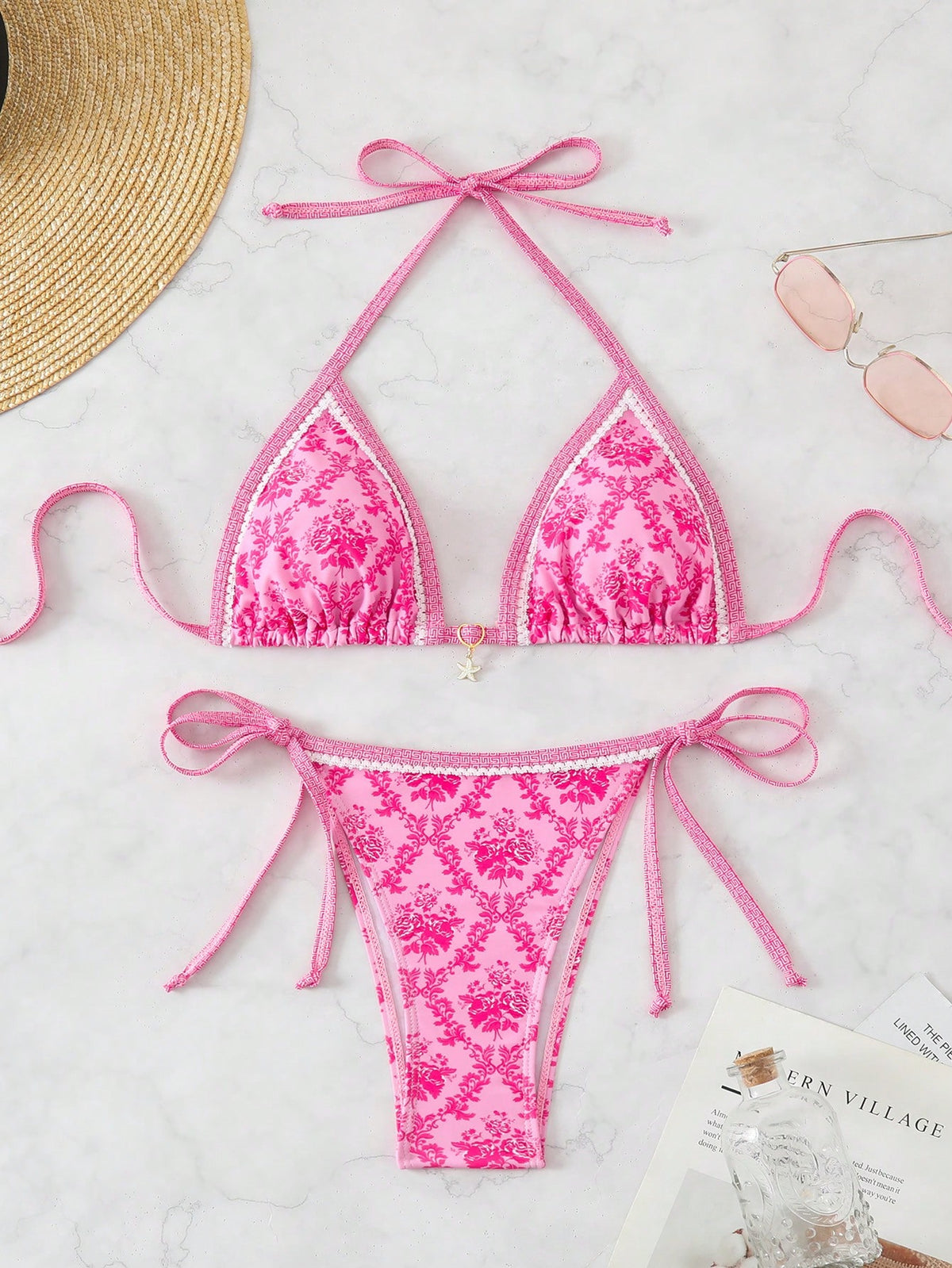 Swim Mod Random Print Women's Summer Holiday Beachwear Halter Neck Bikini Set