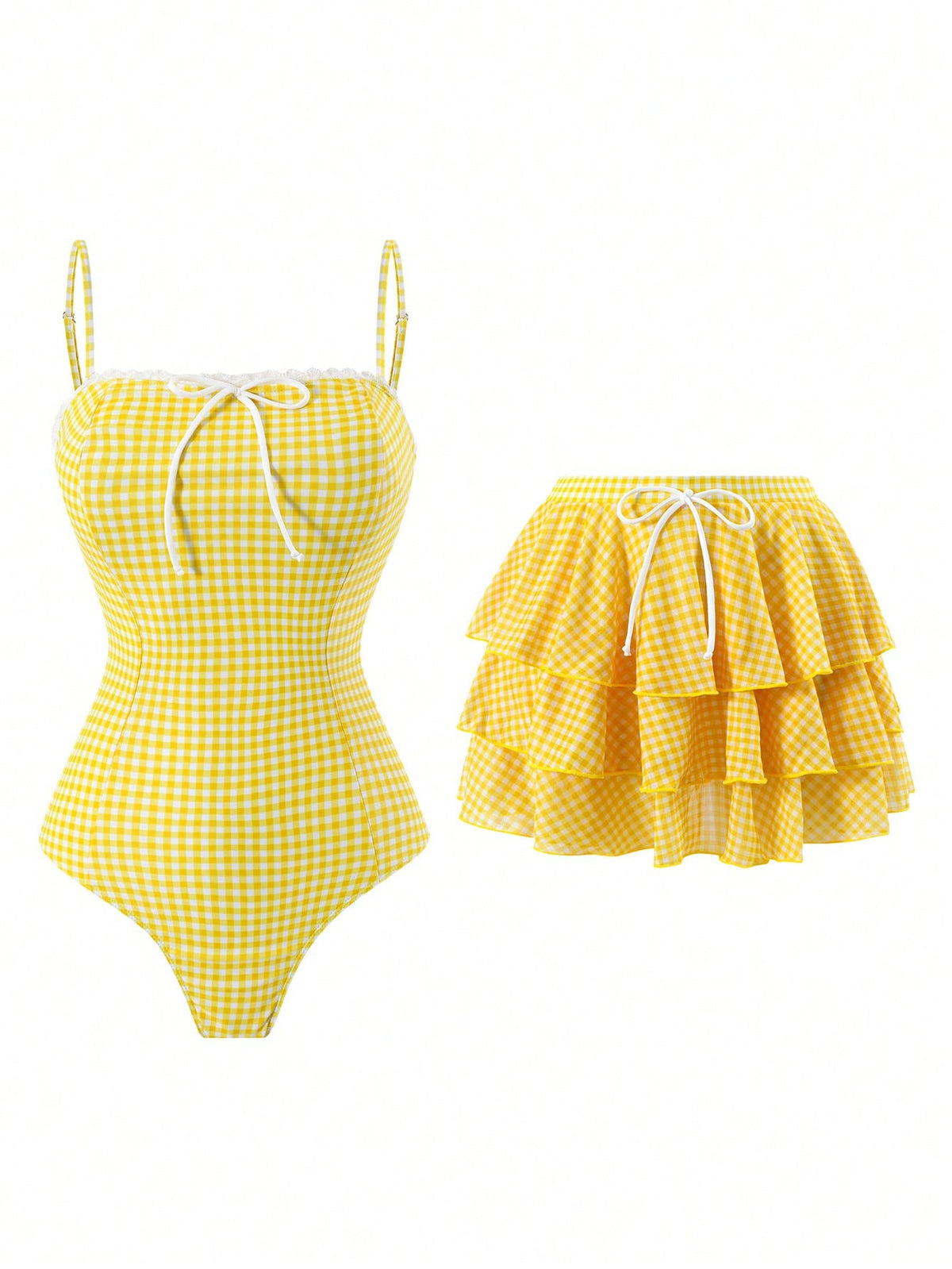 Swim Oasis Summer Beach Women 2pcs Set One-Piece Coffee Checkered Print Bandeau Ruffle Swimsuit + Mesh Tiered Skirt Elegant Seaside Swimwear Set