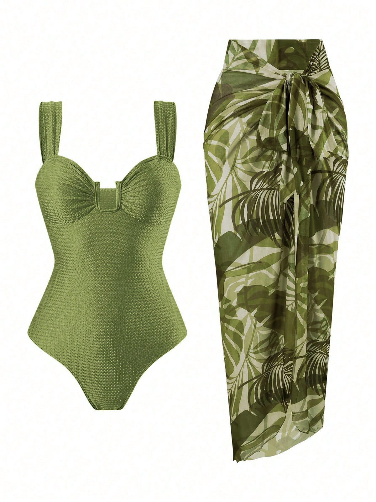 Swim Oasis Women's Summer Elegant Beach Holiday Olive Green Textured U-Neck Cutout Backless Swimwear Set With Premium Printed Mesh Skirt,Festival Boho Holiday