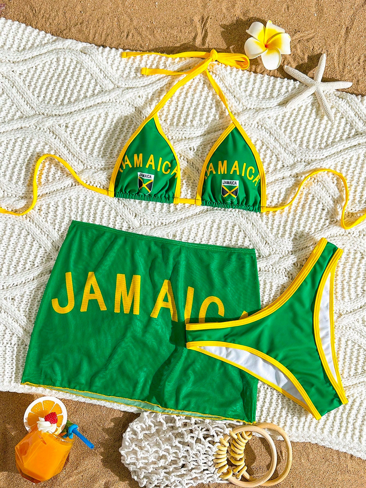 Swim Vcay 3pcs Women's Summer Beach Swimwear Set- Bikini Top, Bottom And Skirt, Yellow-Green, Positioning Jamaica Letter Print, Big Logo, Sexy For Vacation