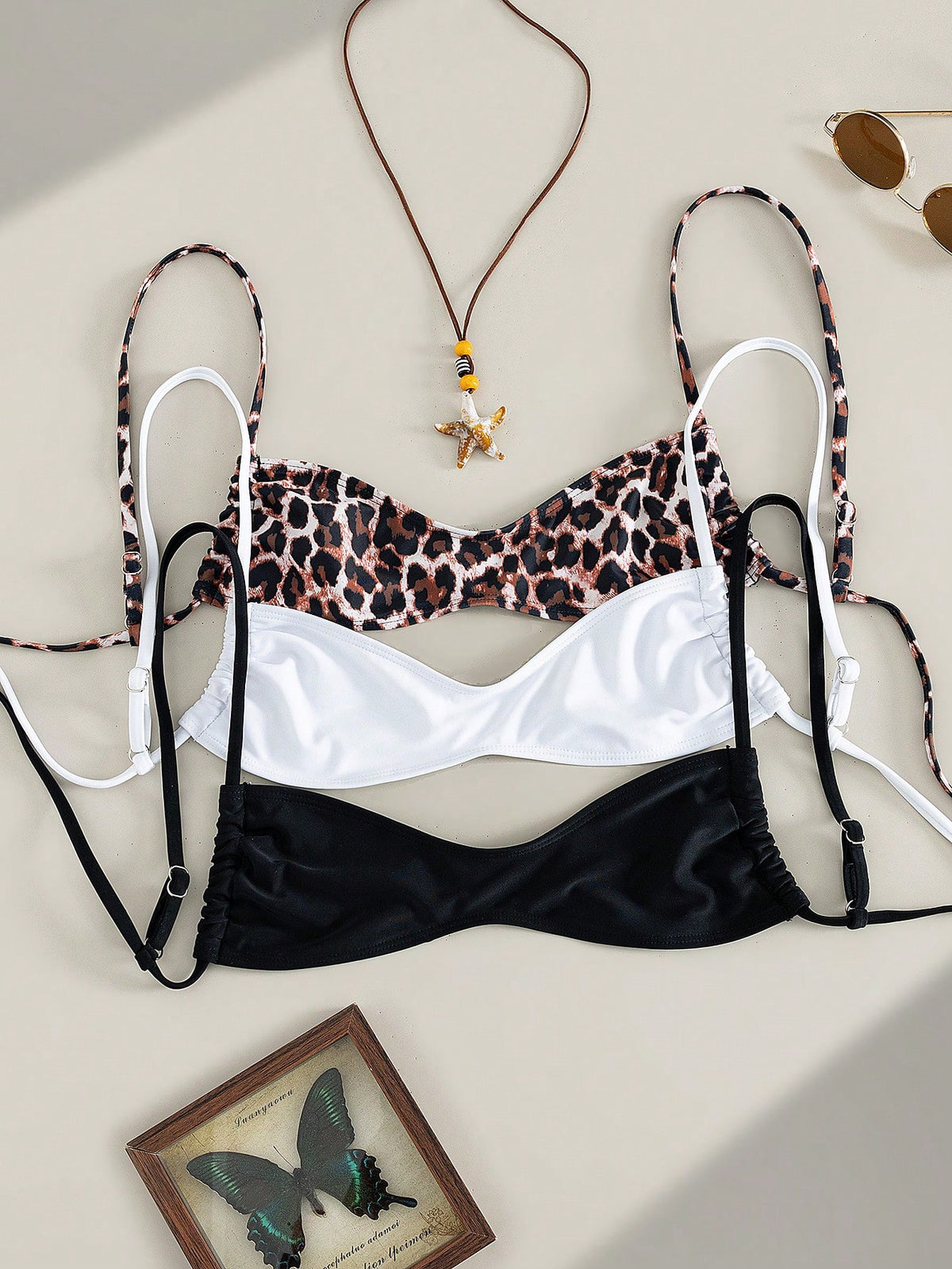 Swim Vcay Multiple Pieces Women Lace-Up Bikini Top Set,Leopard Print,Black And White Polkadot,Summer Casual Beach Holiday Vacation,Cute Bathing Suits
