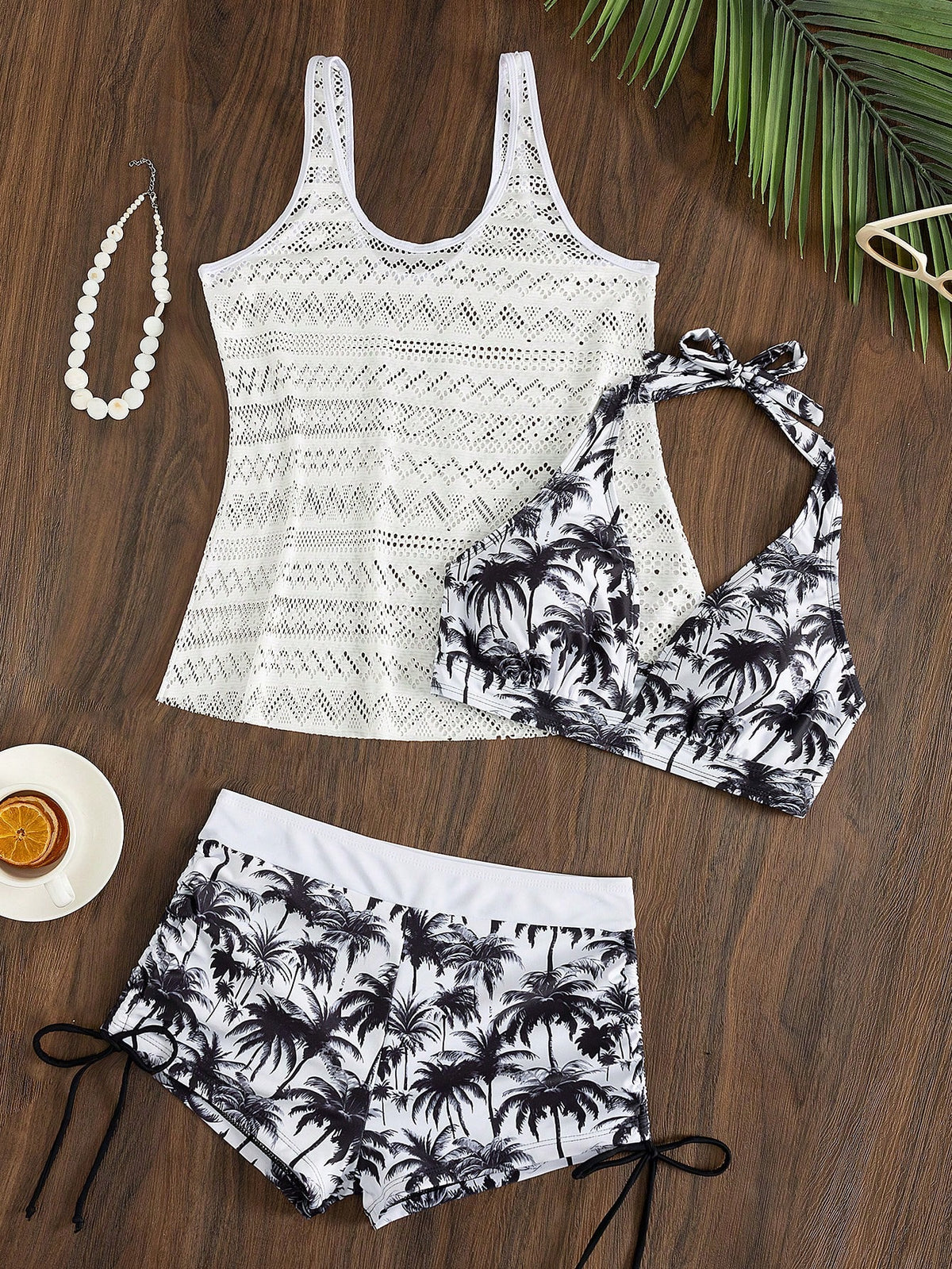 Swim Vcay White Summer Boho Tropical Holiday Pool Party Holiday Coconut Tree Print Shorts,Hollow Out Knit Cover Up & Spaghetti Strap Bikini 3-Piece Set Women