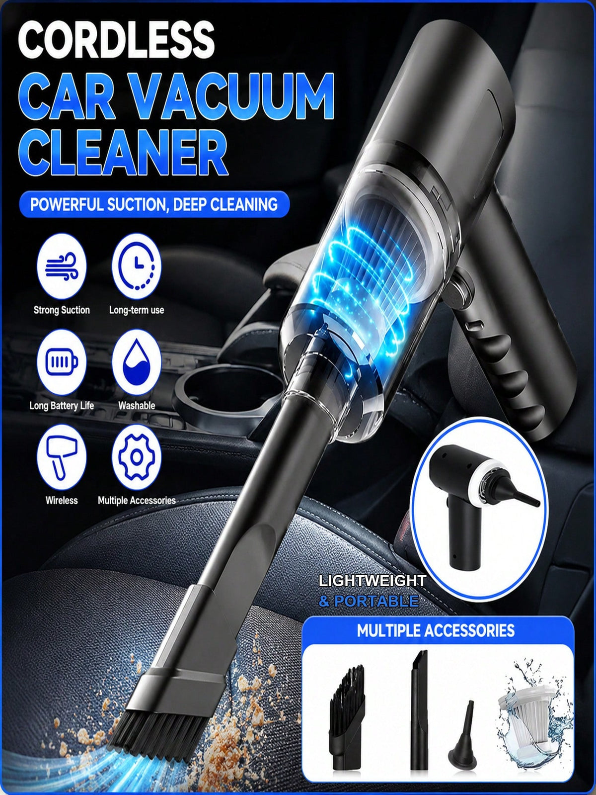 This 3-In-1 Wireless Handheld Vacuum Cleaner Is Compact And Portable With Powerful Suction. It Features A Built-In 1800mAh Type-C Rechargeable Battery, Suitable For Car, Home And Pet Cleaning, Adaptin