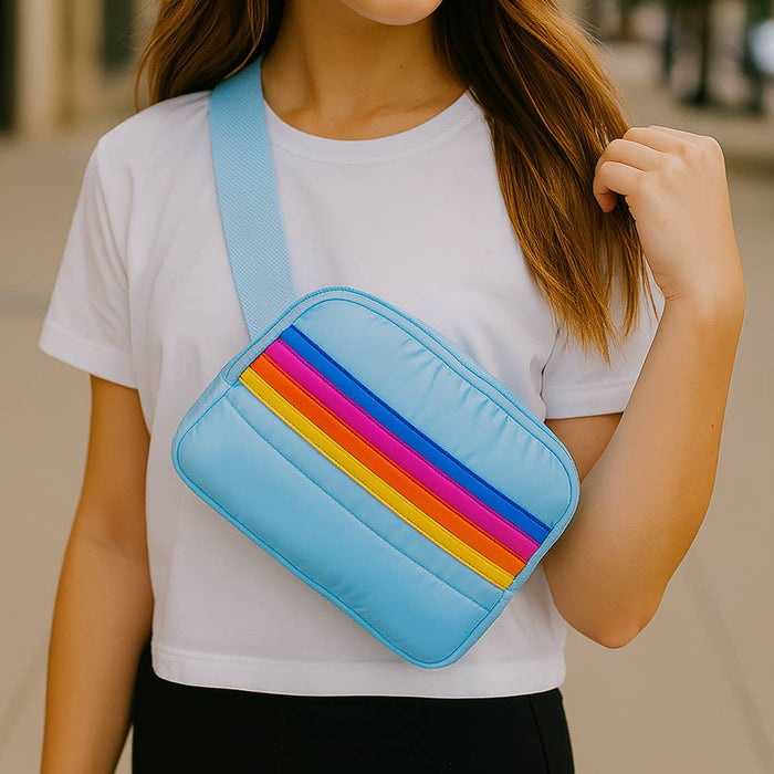 Top Trenz Inc Puffer Adjustable Belt Bag - Blue Retro Stripe