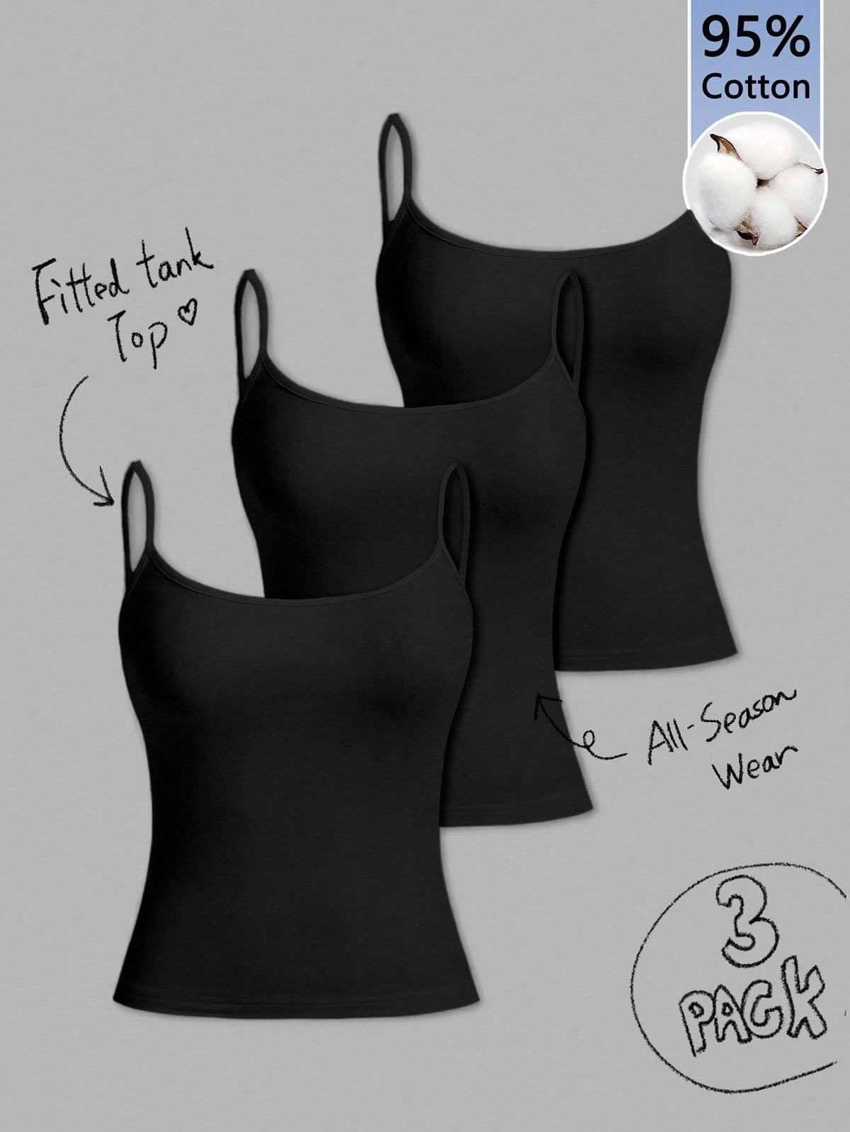 Tseoso 3pcs/Set Women's Casual Slim-Fit Camisole Tops,95% Cotton,Summer,Black,Basic,Everyday Versatile Fitted Tank Top,Cute Softgirl Vintage Summer Outing