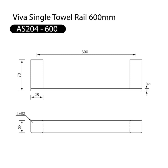 Viva Single Towel Rail 600mm Chrome Accessories Arova