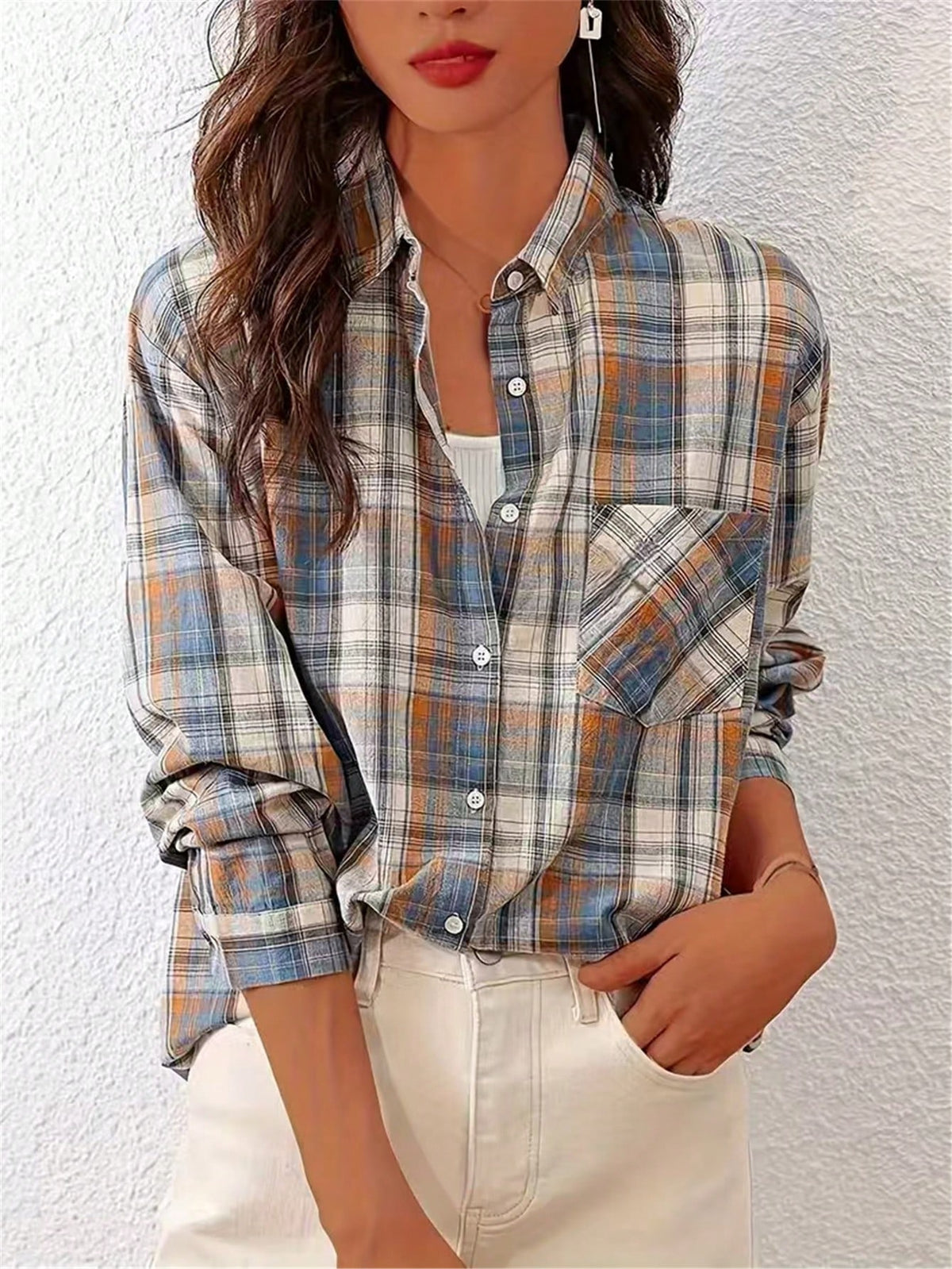 Women's Front Button Long Sleeve Pocket Plaid Minimalist Casual Shirt Random Cut