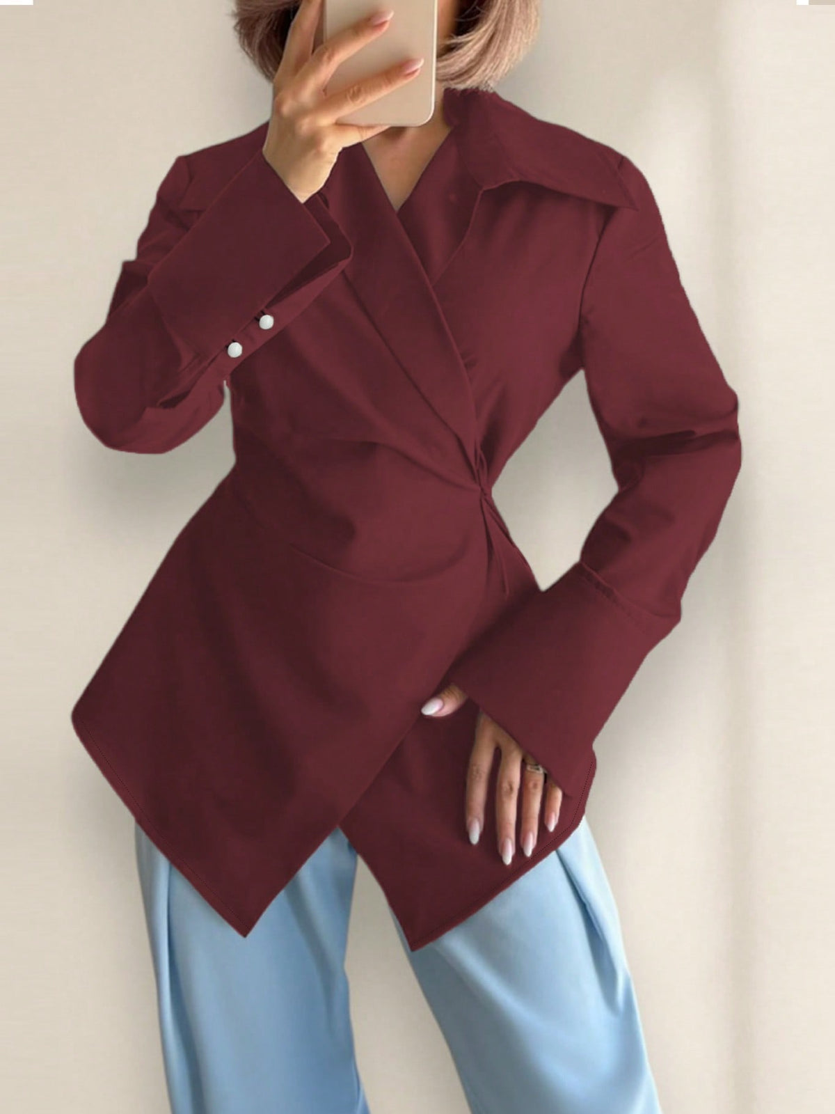 Women's Waist Tie Long Sleeve Unique Solid Color Casual Shirt, Polyester, Spring/Summer