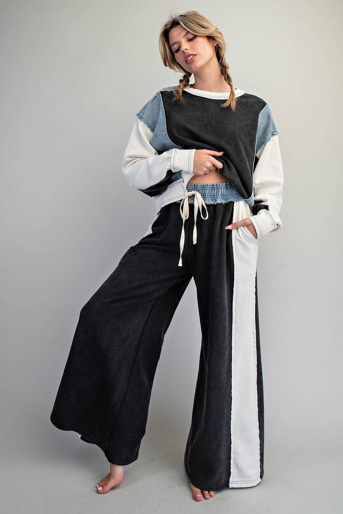 Women's Color Block Denim Drawstring Pants - Ash Black/White
