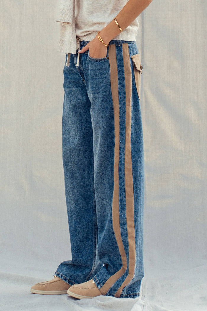 Women's Wide-Leg Utility Stripe Jeans - Denim Taupe