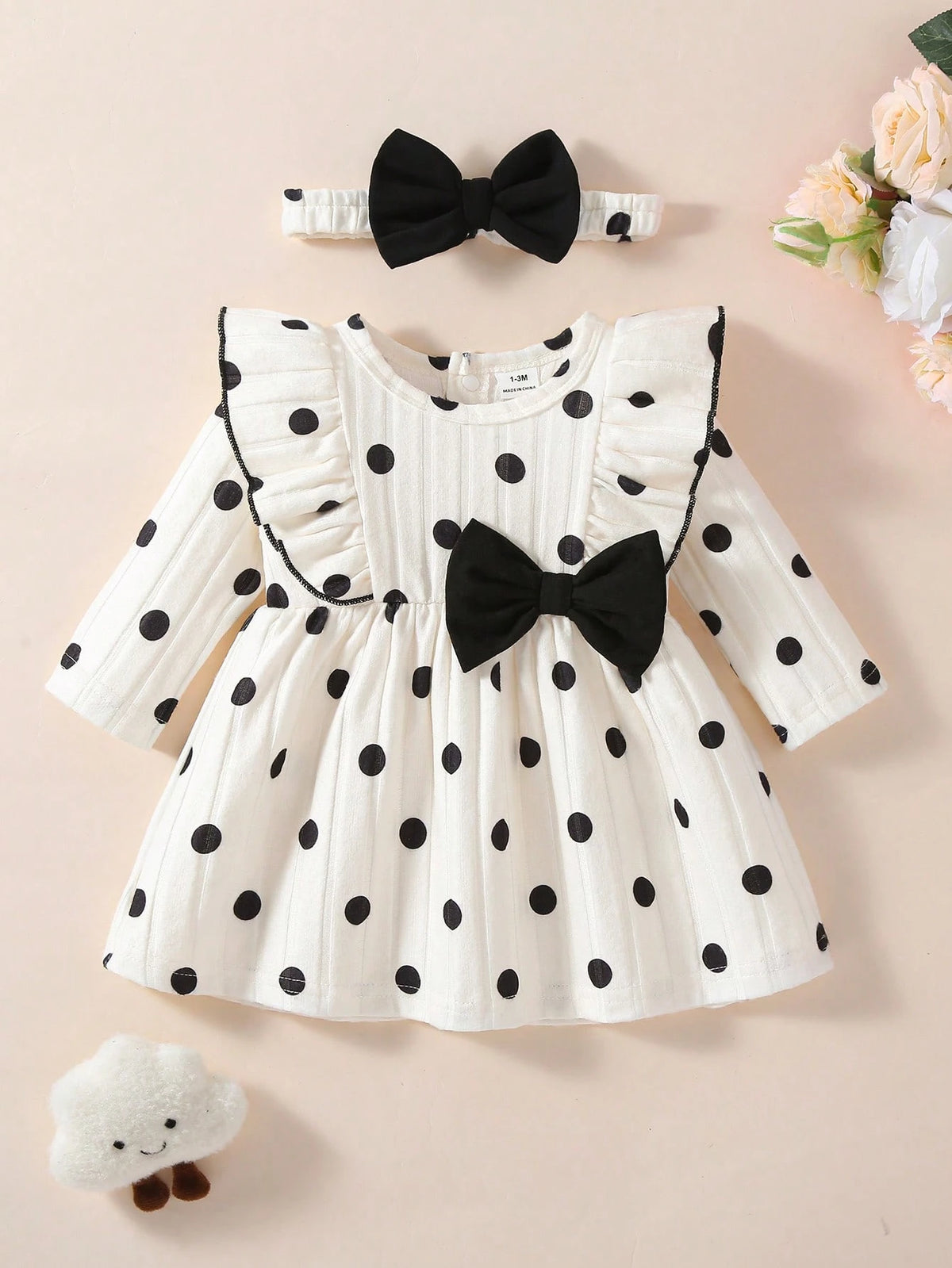0-9 Months Newborn Baby Girl Black & White Polka Dot Bow Long Sleeve Dress, Ribbed Knit Ruffle Hem Princess Dress, Autumn/Winter Layering Outfit For Photos, Outings And Gifts