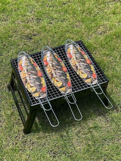 1/2/4pcs 42cm/16.5inch Portable Fish Grill Rack With Long Handle Grilling Basket, Sturdy And Durable Structure, Perfect For Grilling Whole Fish, Fish Fillets, Seafood, Vegetables, Ideal For Outdoor BB