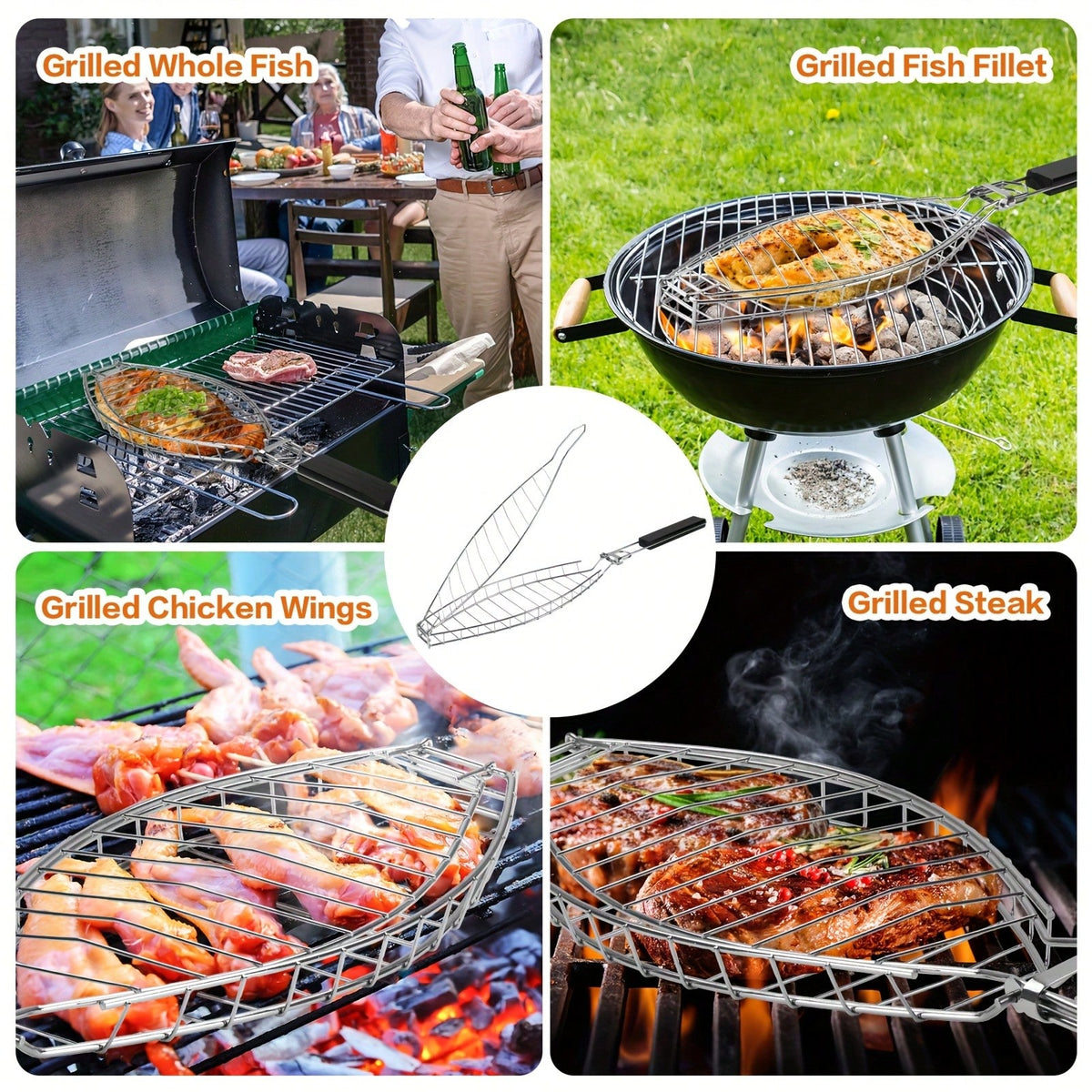 1/2/4pcs 42cm/16.5inch Portable Fish Grill Rack With Long Handle Grilling Basket, Sturdy And Durable Structure, Perfect For Grilling Whole Fish, Fish Fillets, Seafood, Vegetables, Ideal For Outdoor BB
