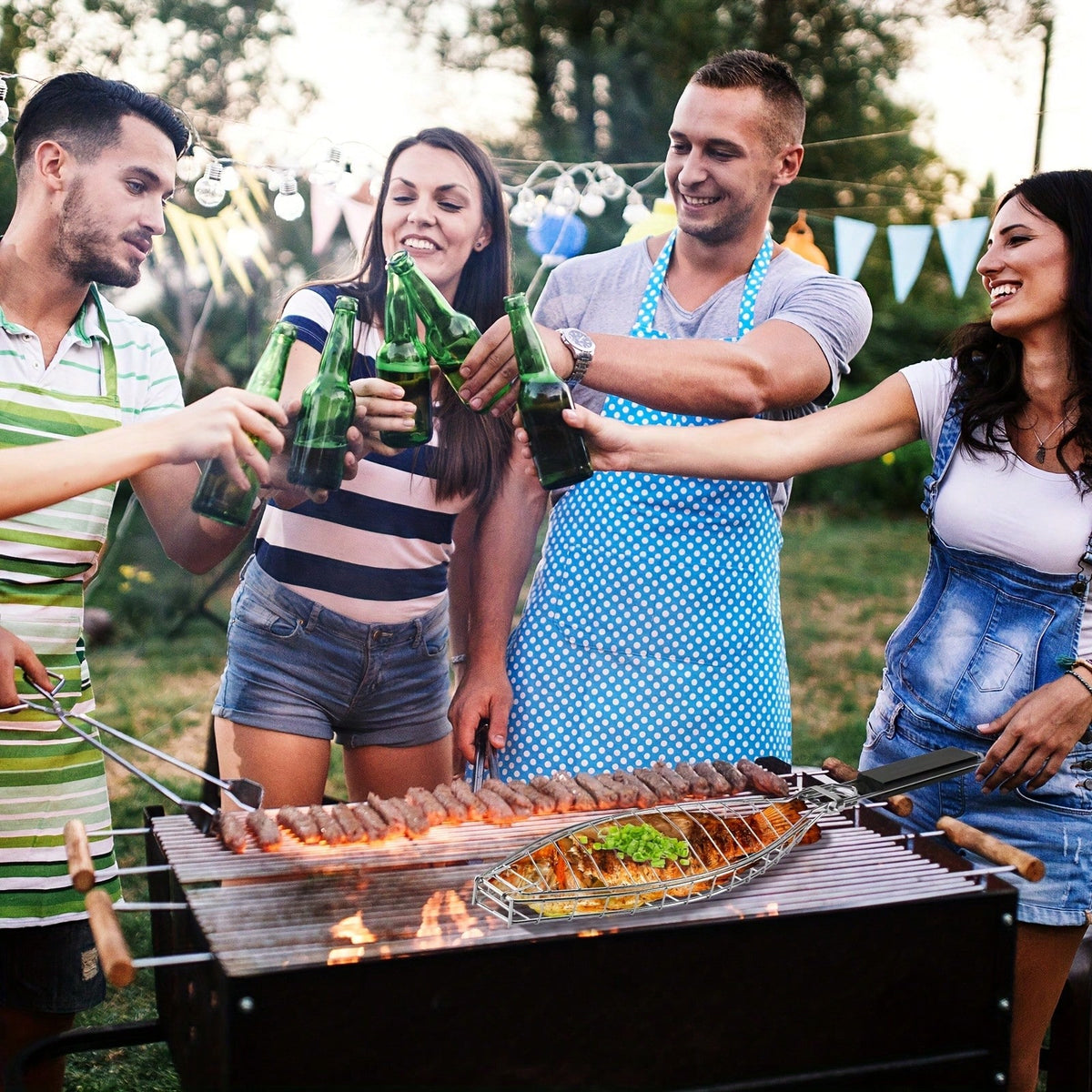 1/2/4pcs 42cm/16.5inch Portable Fish Grill Rack With Long Handle Grilling Basket, Sturdy And Durable Structure, Perfect For Grilling Whole Fish, Fish Fillets, Seafood, Vegetables, Ideal For Outdoor BB