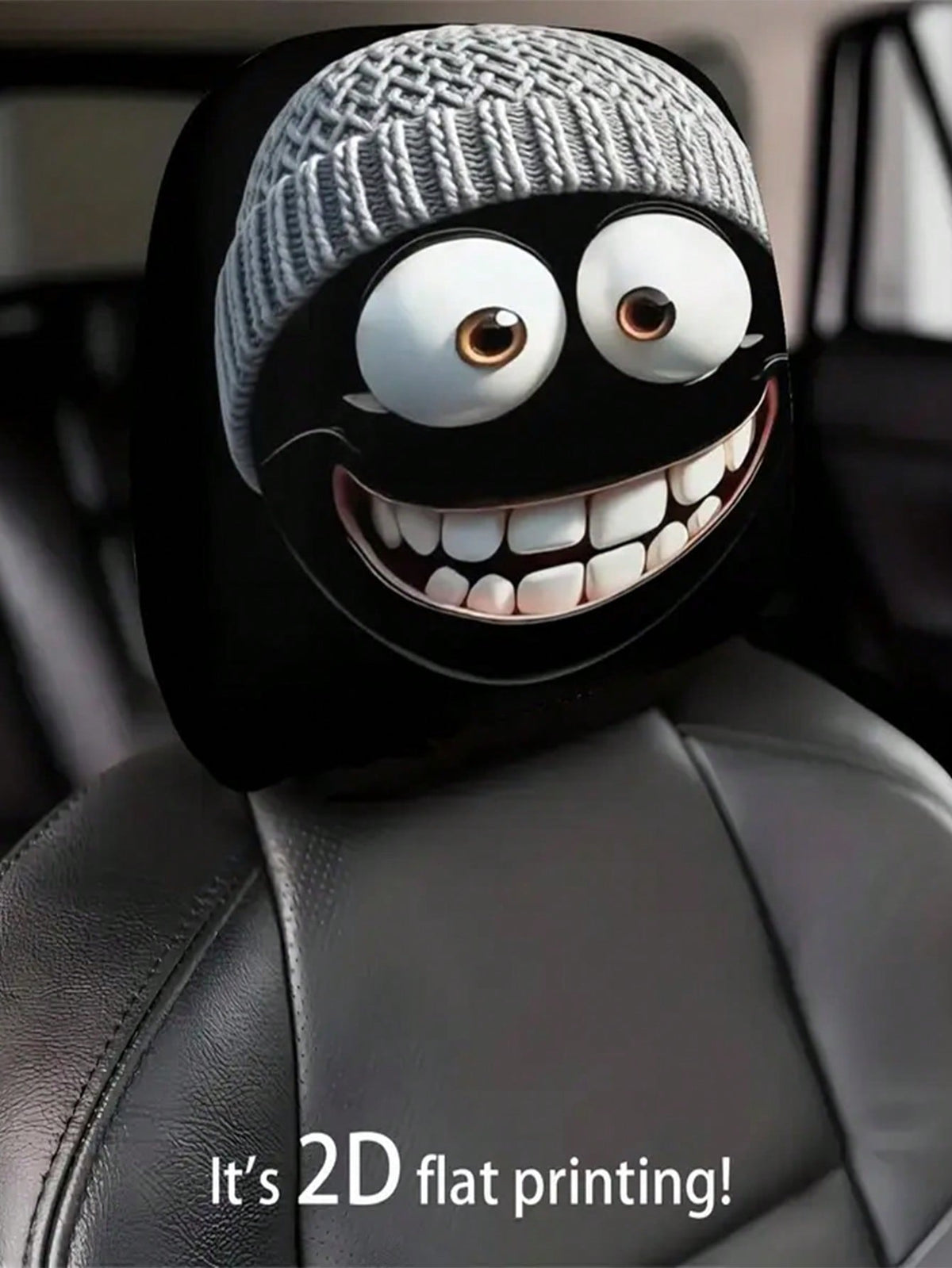 1/2pcs Car Headrest Cover, Grey Hat, Cartoonish And Funny Smiling Face Printing- No Filling, Easy To Install- Ideal Choice For Both Men's And Women's Car Interior Decoration, Perfect For Year-Round