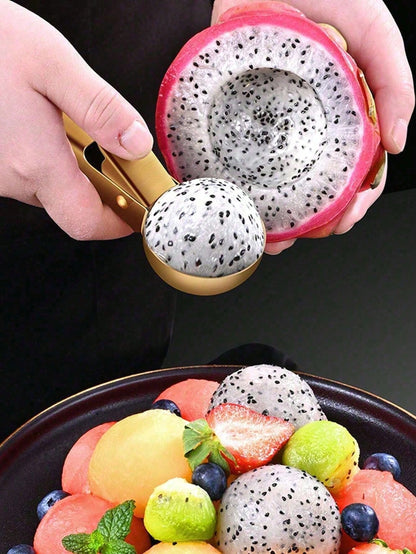 1/2pcs Golden/Silver Stainless Steel Ice Cream Scoop, Elastic Multifunctional Ice Cream Scoop, Creative Fruit Watermelon Ice Cream Scoop