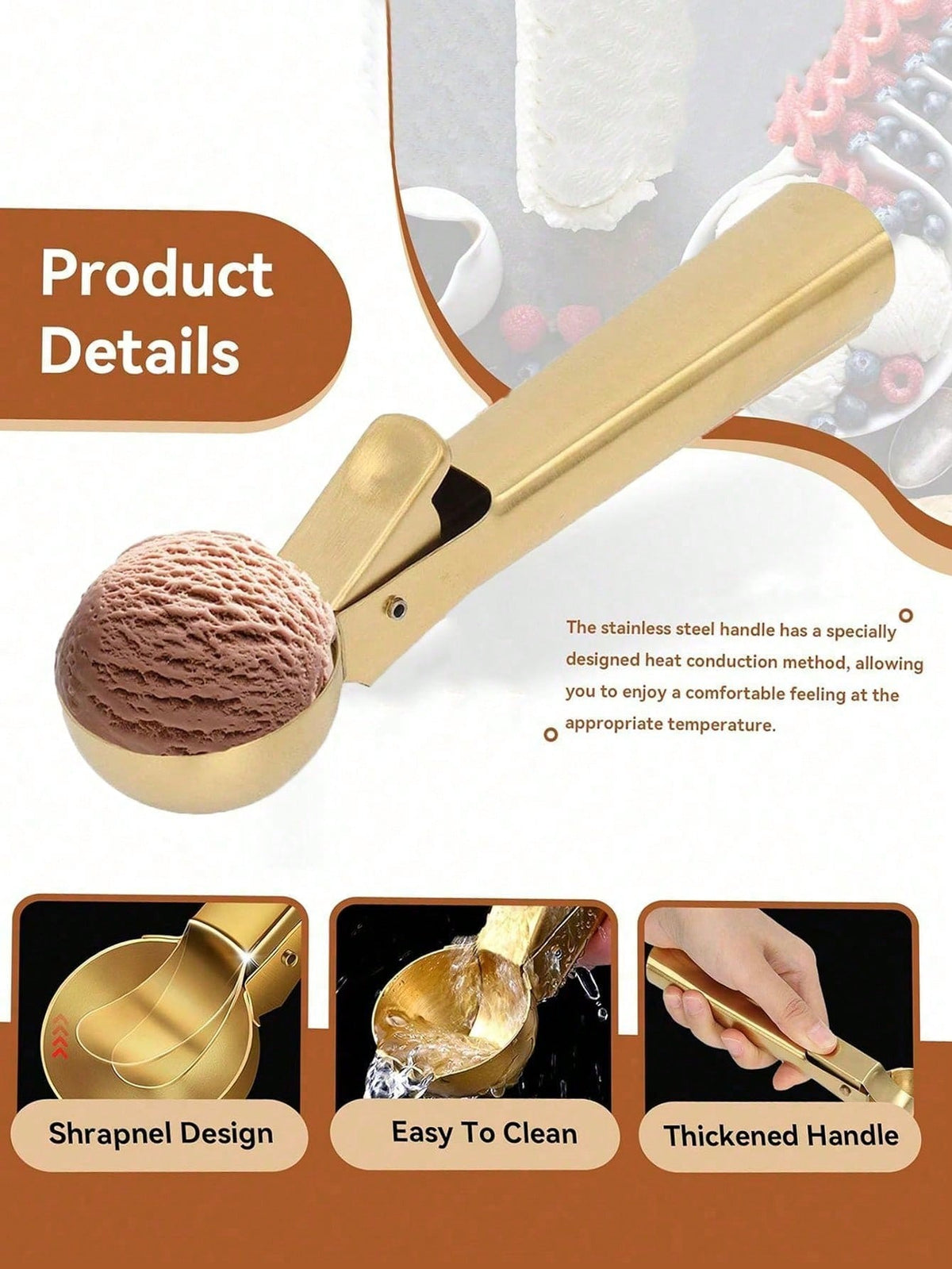 1/2pcs Golden/Silver Stainless Steel Ice Cream Scoop, Elastic Multifunctional Ice Cream Scoop, Creative Fruit Watermelon Ice Cream Scoop