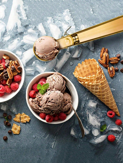 1/2pcs Golden/Silver Stainless Steel Ice Cream Scoop, Elastic Multifunctional Ice Cream Scoop, Creative Fruit Watermelon Ice Cream Scoop