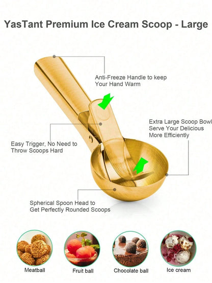 1/2pcs Golden/Silver Stainless Steel Ice Cream Scoop, Elastic Multifunctional Ice Cream Scoop, Creative Fruit Watermelon Ice Cream Scoop