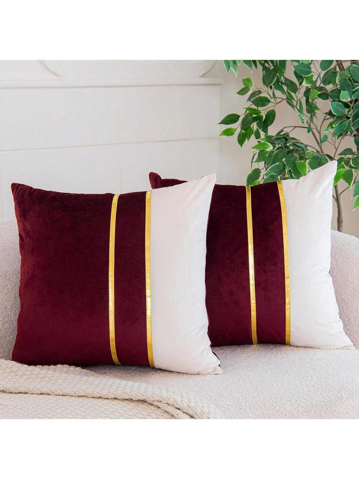 1/2pcs Green & White Velvet Patchwork Gold Leather Striped Throw Pillow Cover, Square Cushion Case, Holiday Home Decor Pillow, Soft & Comfortable Fabric, Modern Decor For Sofa, Bedroom, Dorm