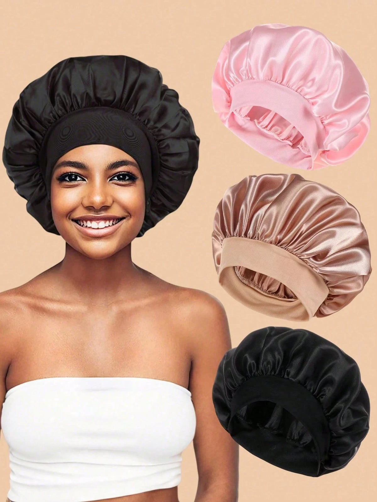 1/2pcs Mulberry Silk Sleep Cap, Soft Elastic Silk Sleep Hat, Suitable For Curly Hair Silk Hair Cover (Black & Pink)
