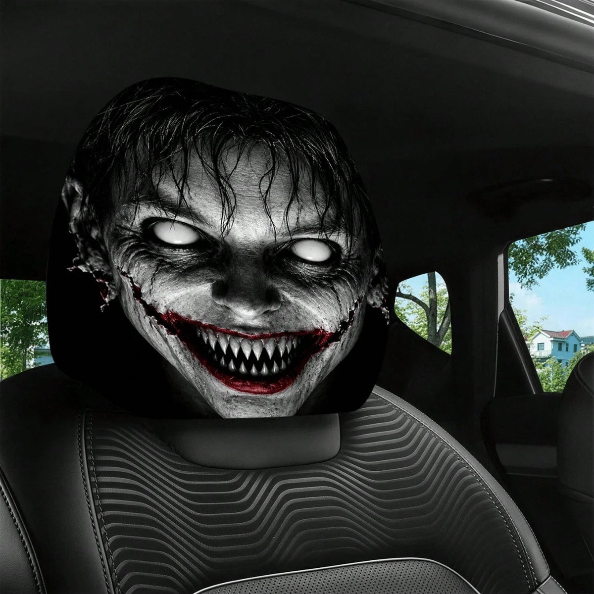 1/2pcs Printed Car Headrest Covers, Interior Decoration With Elastic Design And Universal Fit Installation, Ideal Choice For Interior Additions, Perfect Funny Car Decoration Featuring Scary Zombie Fac