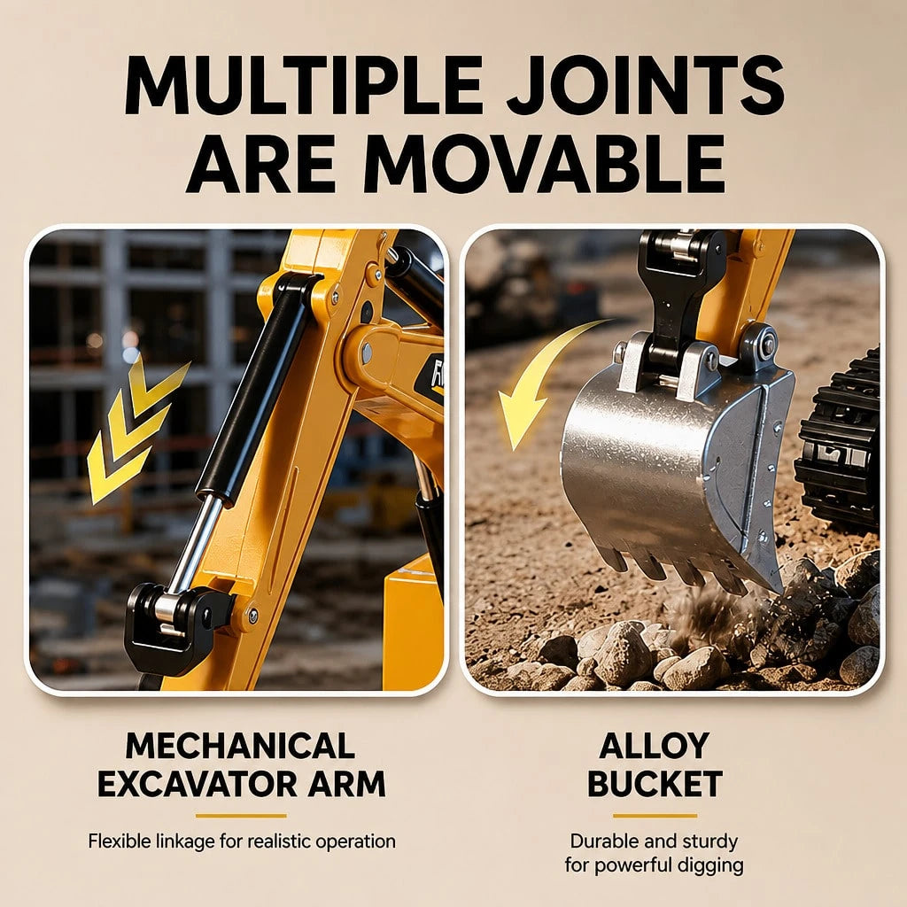 1:64 RC Excavator Toy- 2.4G Mini Alloy Construction Vehicle With Movable Arm, 270° Rotating Body, Alloy Bucket, Lights & Sounds| Yellow Remote Control Toy Car, Birthday Party Favors For Boys & Girls