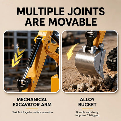 1:64 RC Excavator Toy- 2.4G Mini Alloy Construction Vehicle With Movable Arm, 270° Rotating Body, Alloy Bucket, Lights & Sounds| Yellow Remote Control Toy Car, Birthday Party Favors For Boys & Girls