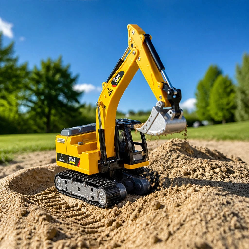 1:64 RC Excavator Toy- 2.4G Mini Alloy Construction Vehicle With Movable Arm, 270° Rotating Body, Alloy Bucket, Lights & Sounds| Yellow Remote Control Toy Car, Birthday Party Favors For Boys & Girls