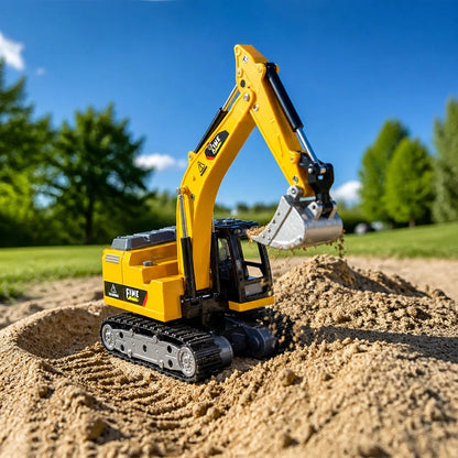1:64 RC Excavator Toy- 2.4G Mini Alloy Construction Vehicle With Movable Arm, 270° Rotating Body, Alloy Bucket, Lights & Sounds| Yellow Remote Control Toy Car, Birthday Party Favors For Boys & Girls